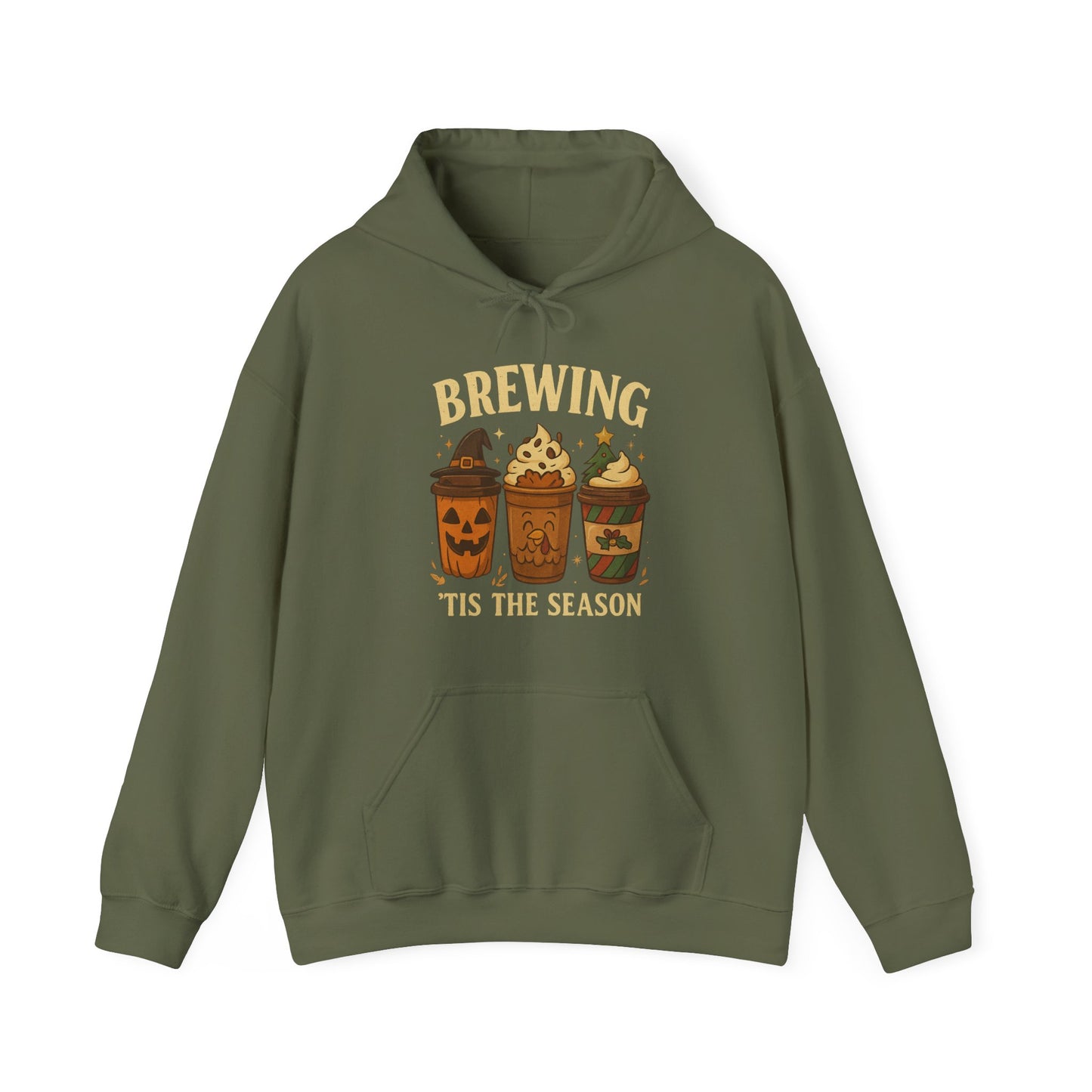 Brewing ’Tis The Season Hoodie USA 🎃🦃🎄 – Unisex Holiday Coffee Hoodie