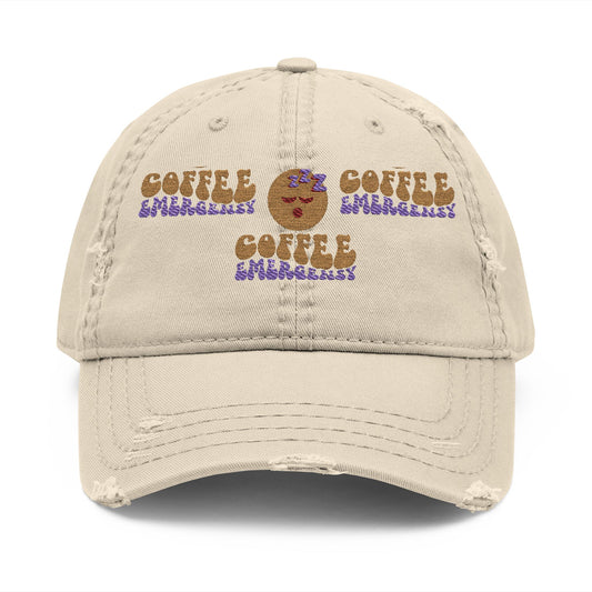 Coffee Emergency Distressed Dad Hat – Tired Emoji Style (USA Only)