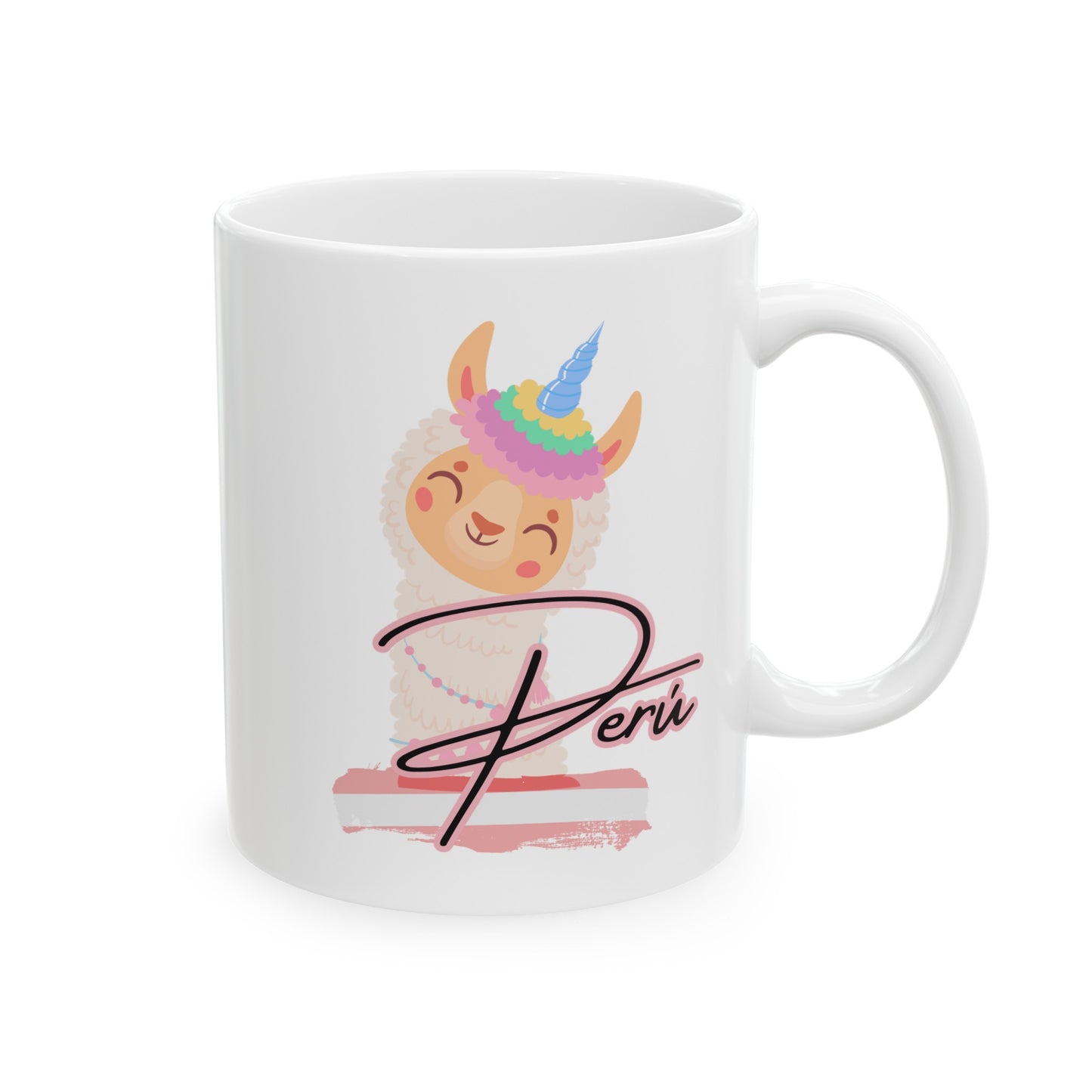 Best Peruvian Ceramic Coffee Mug, (11oz, 15oz) "Lama Rainbow"