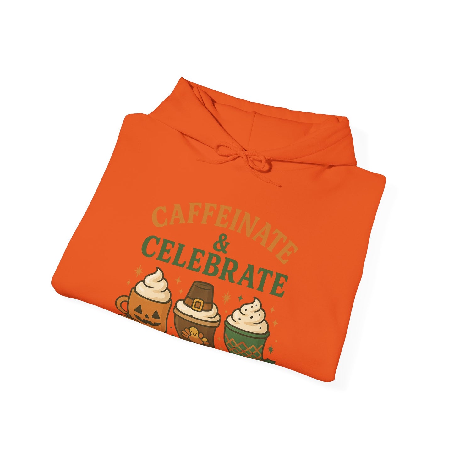 Caffeinate & Celebrate Hoodie USA 🎃🦃🎄 – Unisex Holiday Coffee Hoodie