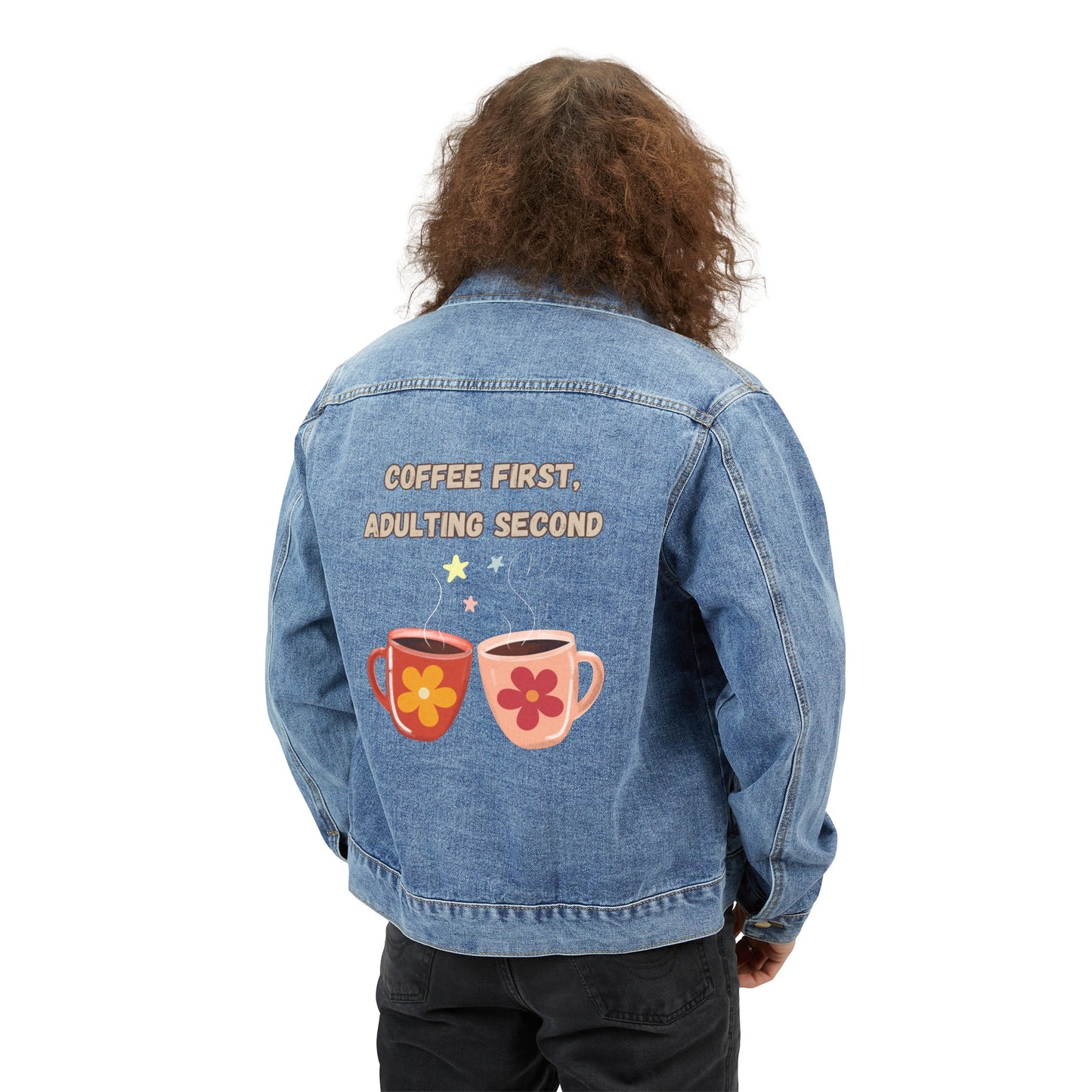 Best Coffee Men's Denim Jacket "Coffee first, Adulting Second"