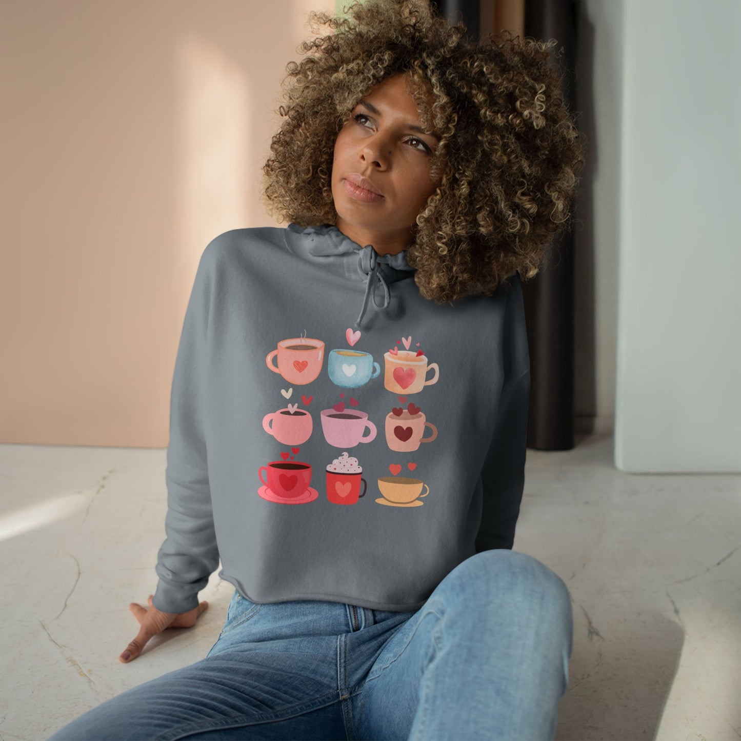 Best Coffee Cropped Hoodie "Coffee Mugs Hearts"
