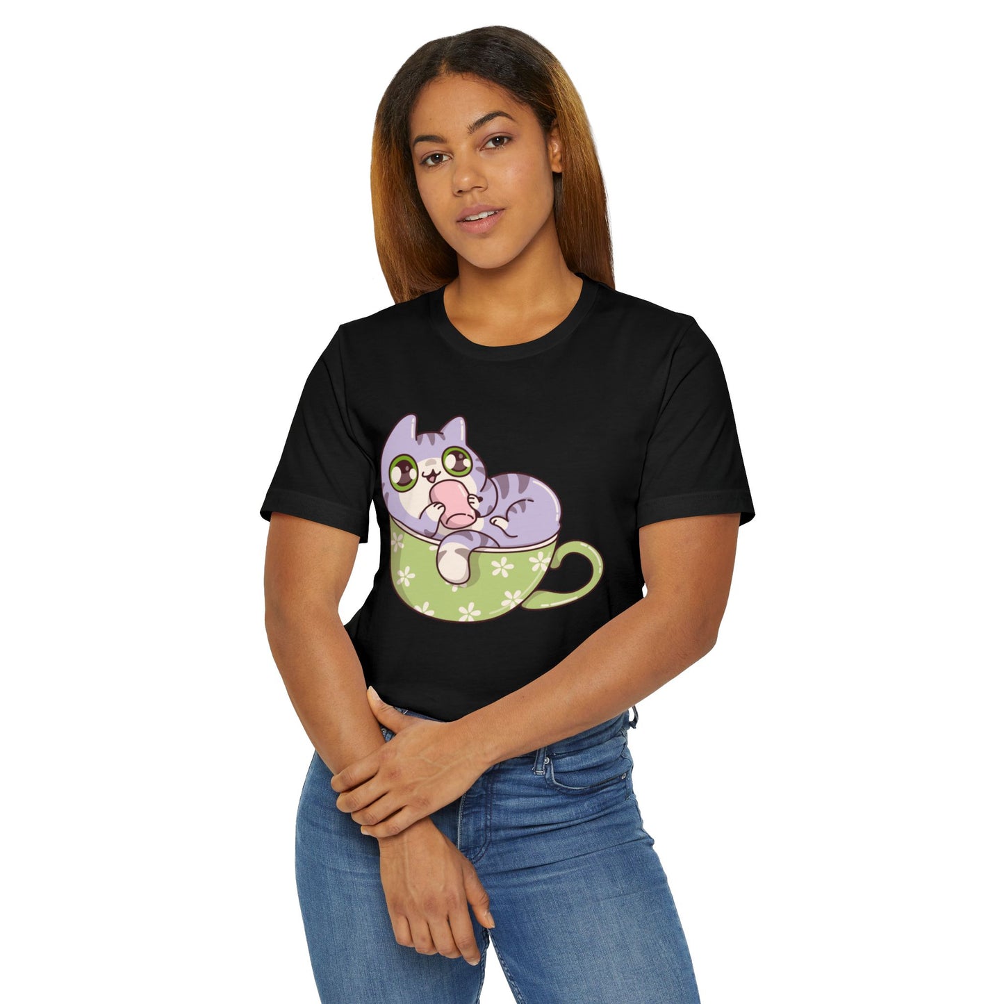 Cat in a Teacup T-Shirt – Cute Cartoon Kitty Coffee Cup Graphic Tee for Cat & Coffee Lovers (USA Only)