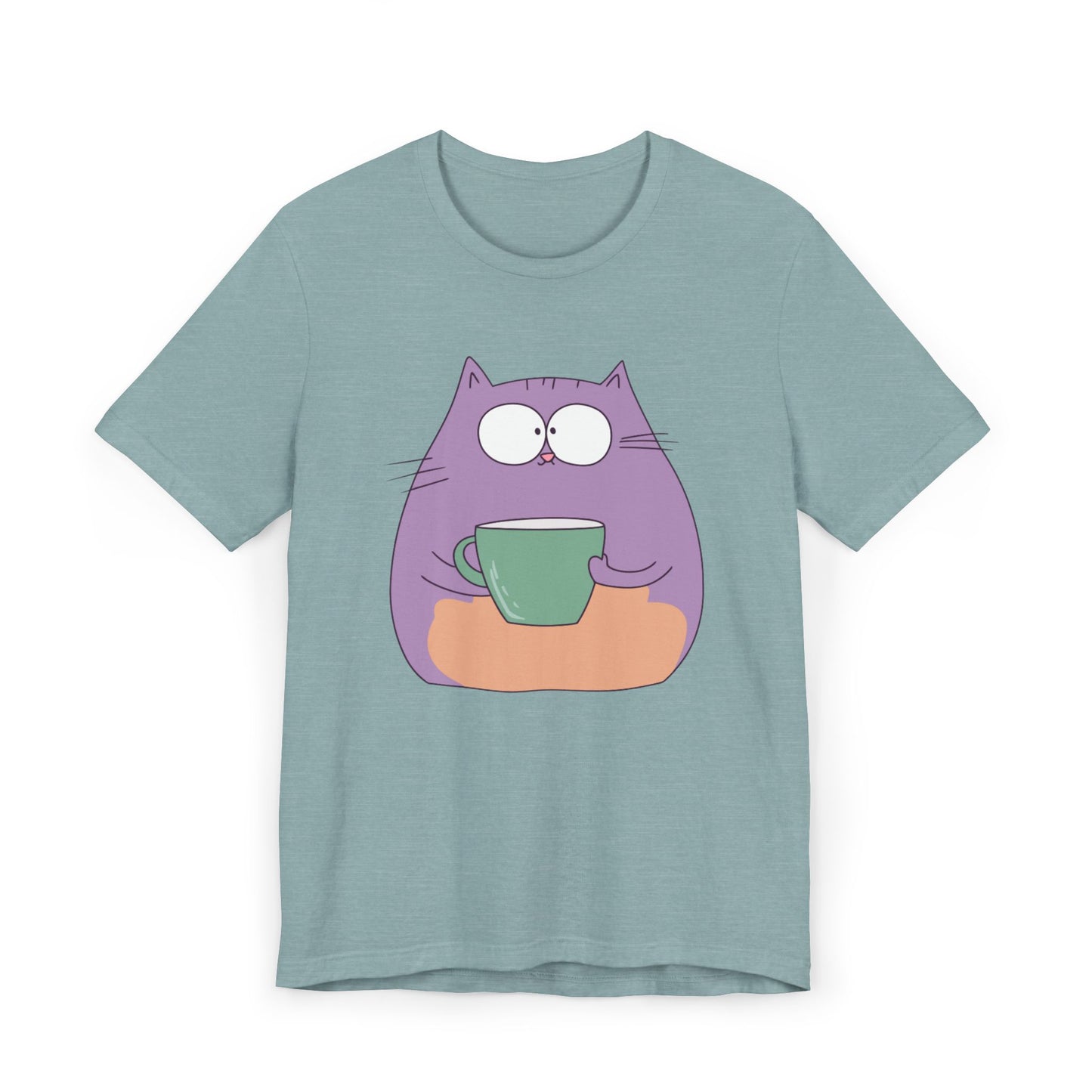 Purple Coffee Cat T-Shirt – Funny Cartoon Kitty with Coffee Mug Graphic Tee for Coffee Lovers (USA Only)