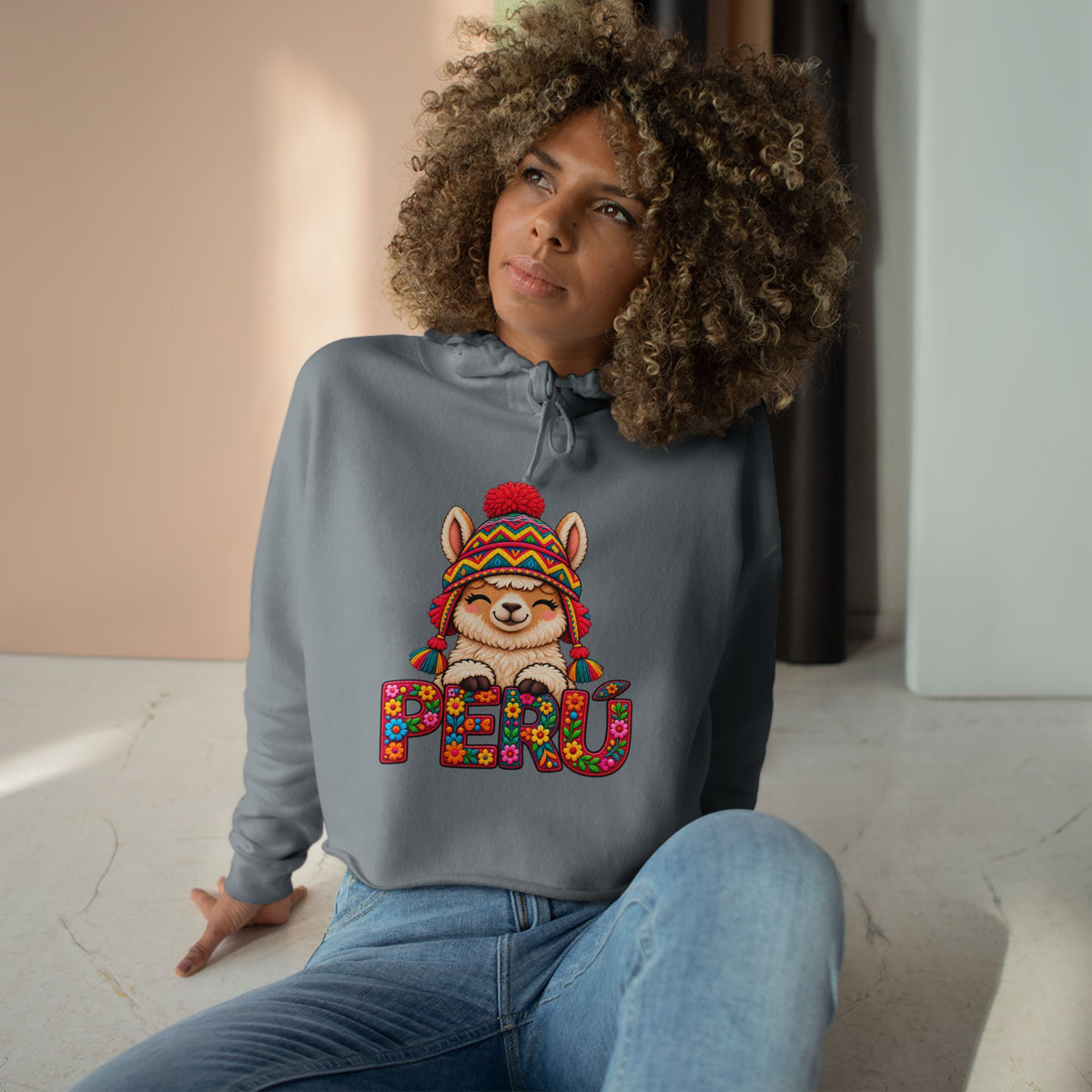 Best Floral Llama Peru Crop Hoodie - Cute Chullo Llama Gift