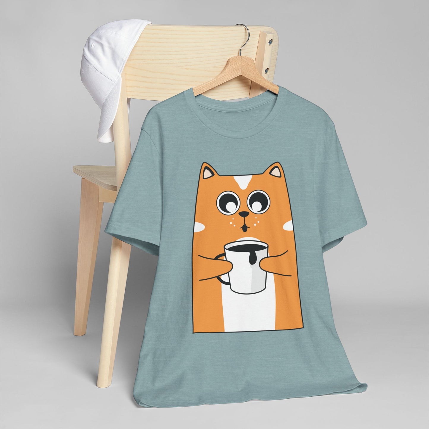 Coffee Cat T-Shirt – Cute Cartoon Cat with Coffee Cup Graphic Tee for Coffee Lovers (USA Only)