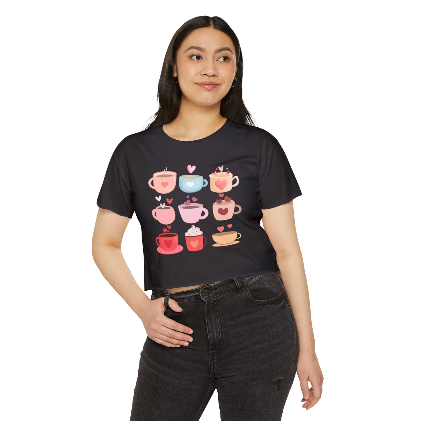 Best Coffee Cropped T-Shirt "Coffee Mugs Hearts"