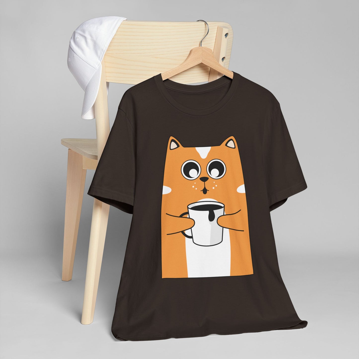Coffee Cat T-Shirt – Cute Cartoon Cat with Coffee Cup Graphic Tee for Coffee Lovers (USA Only)