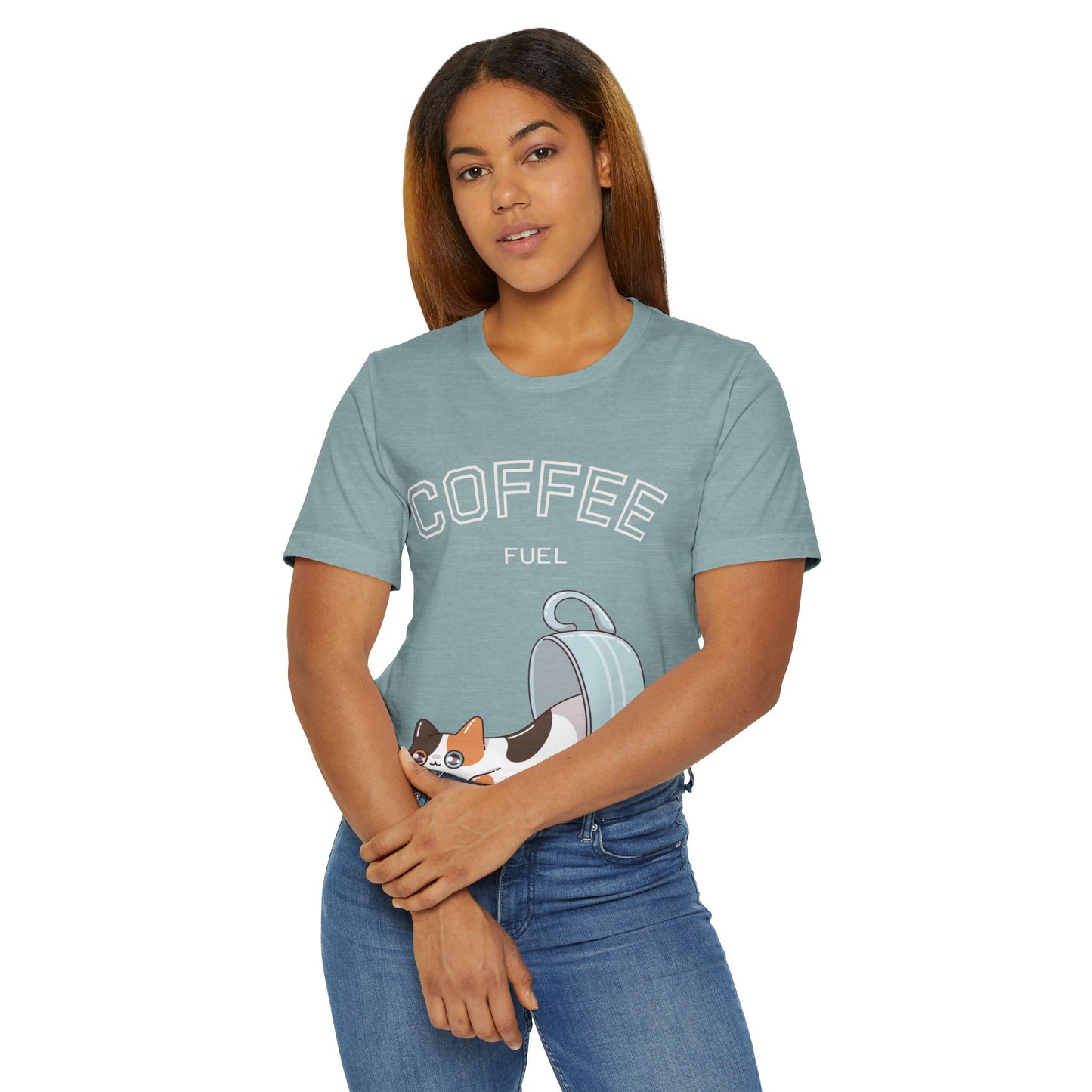 Coffee Fuel Cat T-Shirt – Cute Coffee Cup Kitty Graphic Tee for Coffee Lovers (USA Only)