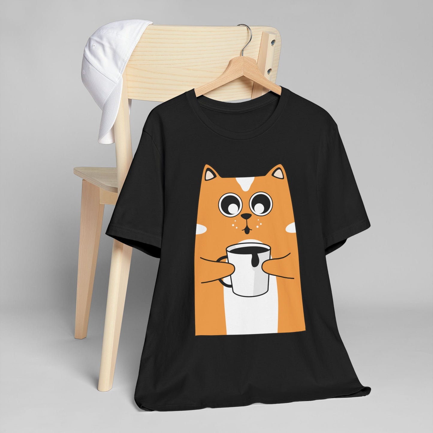Coffee Cat T-Shirt – Cute Cartoon Cat with Coffee Cup Graphic Tee for Coffee Lovers (USA Only)