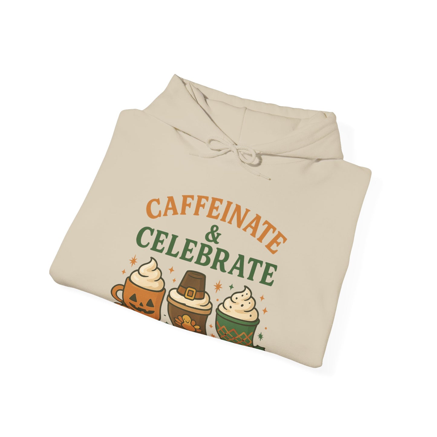 Caffeinate & Celebrate Hoodie USA 🎃🦃🎄 – Unisex Holiday Coffee Hoodie