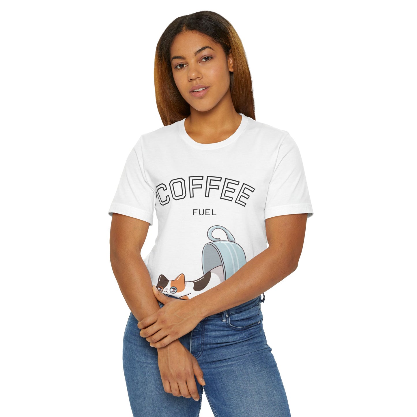 Coffee Fuel Cat T-Shirt – Cute Coffee Cup Kitty Graphic Tee for Coffee Lovers (USA Only)