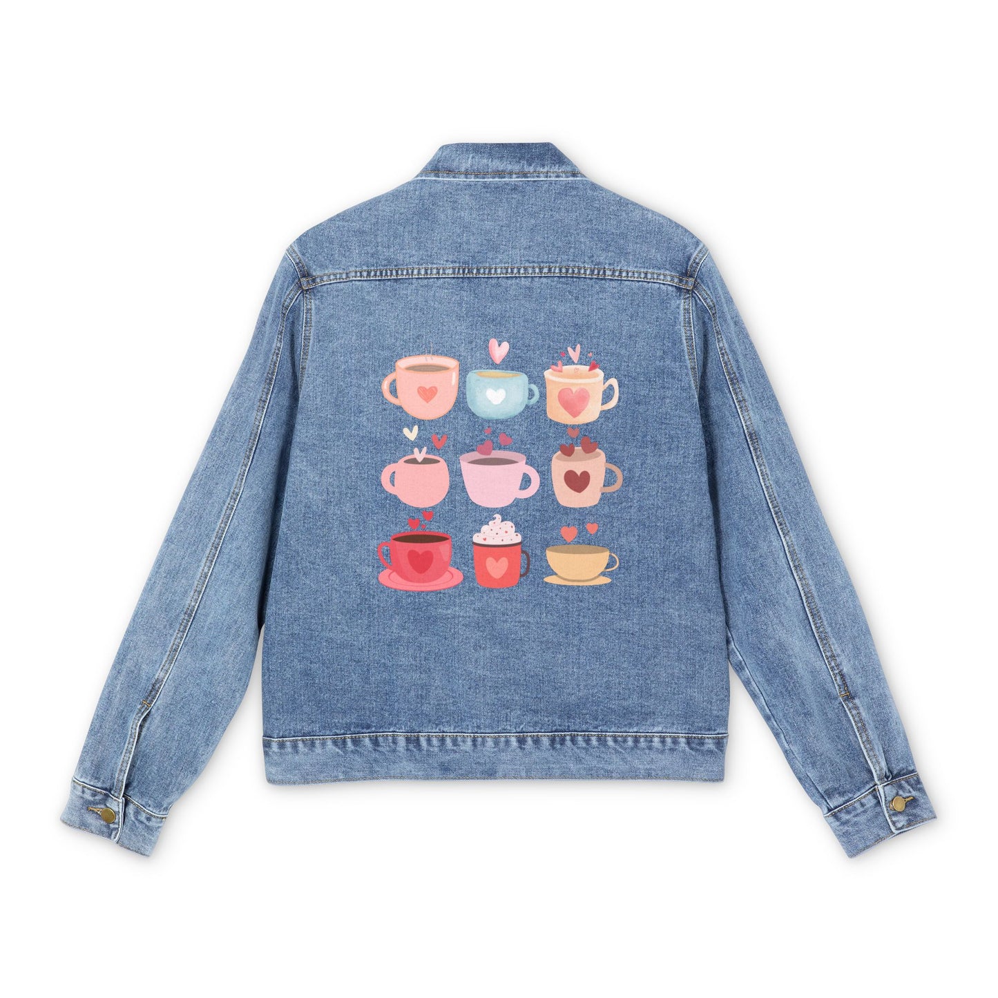 Best Men's Denim Coffee Jacket "Coffee Mugs Hearts"