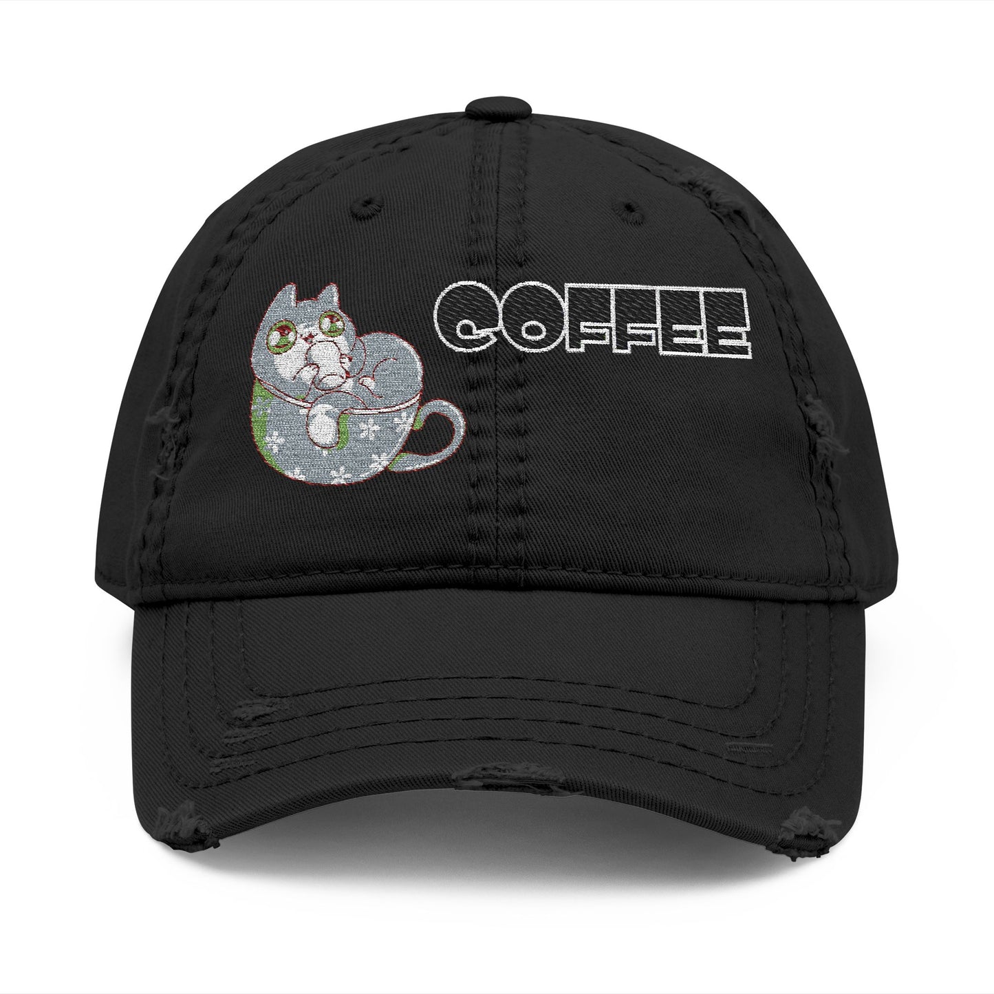 Coffee Cat Distressed Dad Hat – Casual Embroidered Style (USA Only)