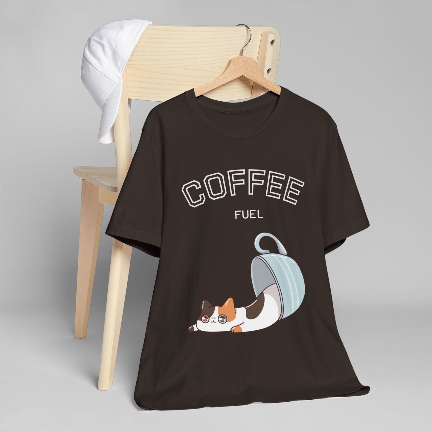 Coffee Fuel Cat T-Shirt – Cute Coffee Cup Kitty Graphic Tee for Coffee Lovers (USA Only)