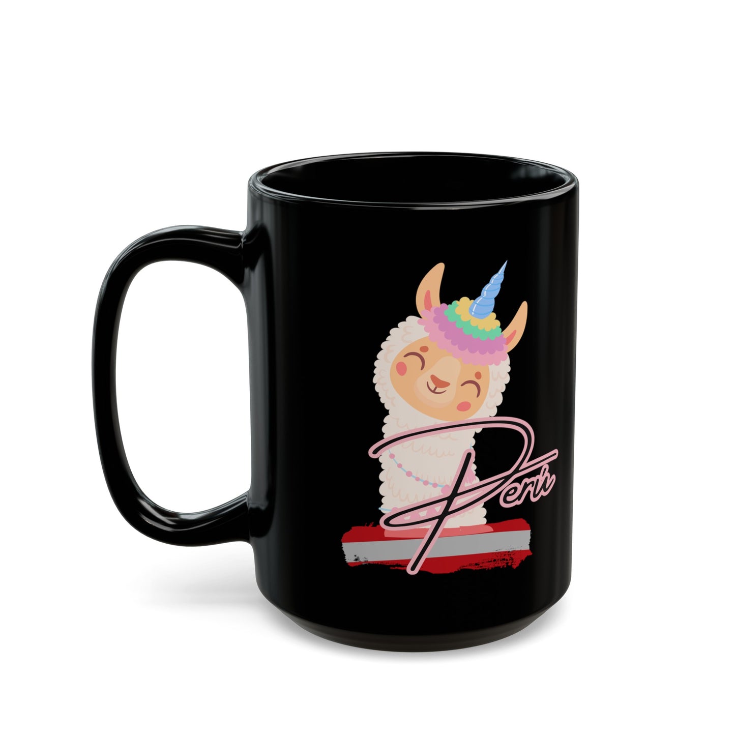 Best Peruvian Coffee Black Mug (11oz, 15oz) "Llama Rainbow"