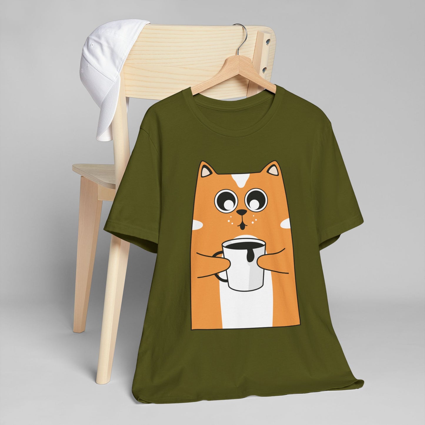Coffee Cat T-Shirt – Cute Cartoon Cat with Coffee Cup Graphic Tee for Coffee Lovers (USA Only)