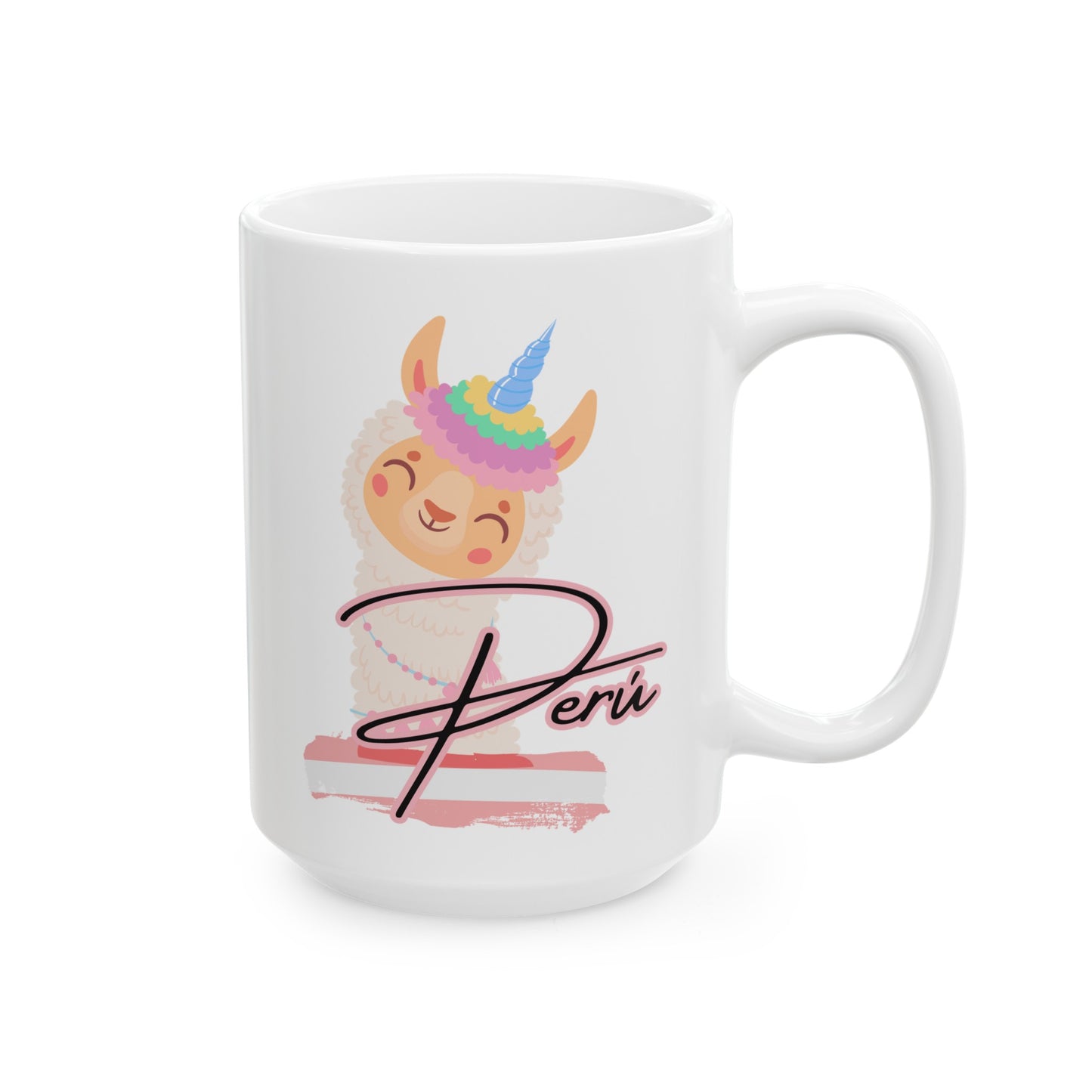 Best Peruvian Ceramic Coffee Mug, (11oz, 15oz) "Lama Rainbow"