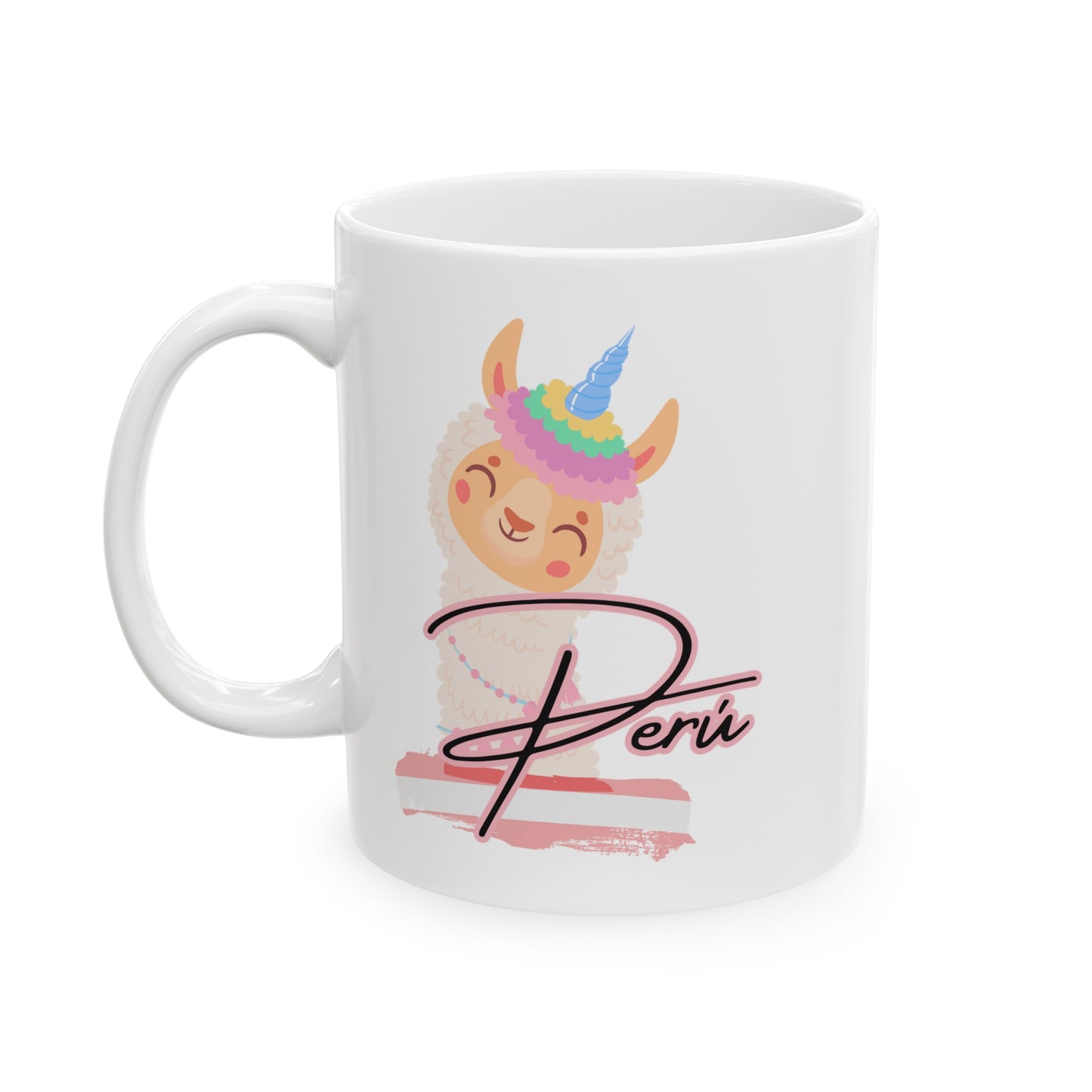 Best Peruvian Ceramic Coffee Mug, (11oz, 15oz) "Lama Rainbow"