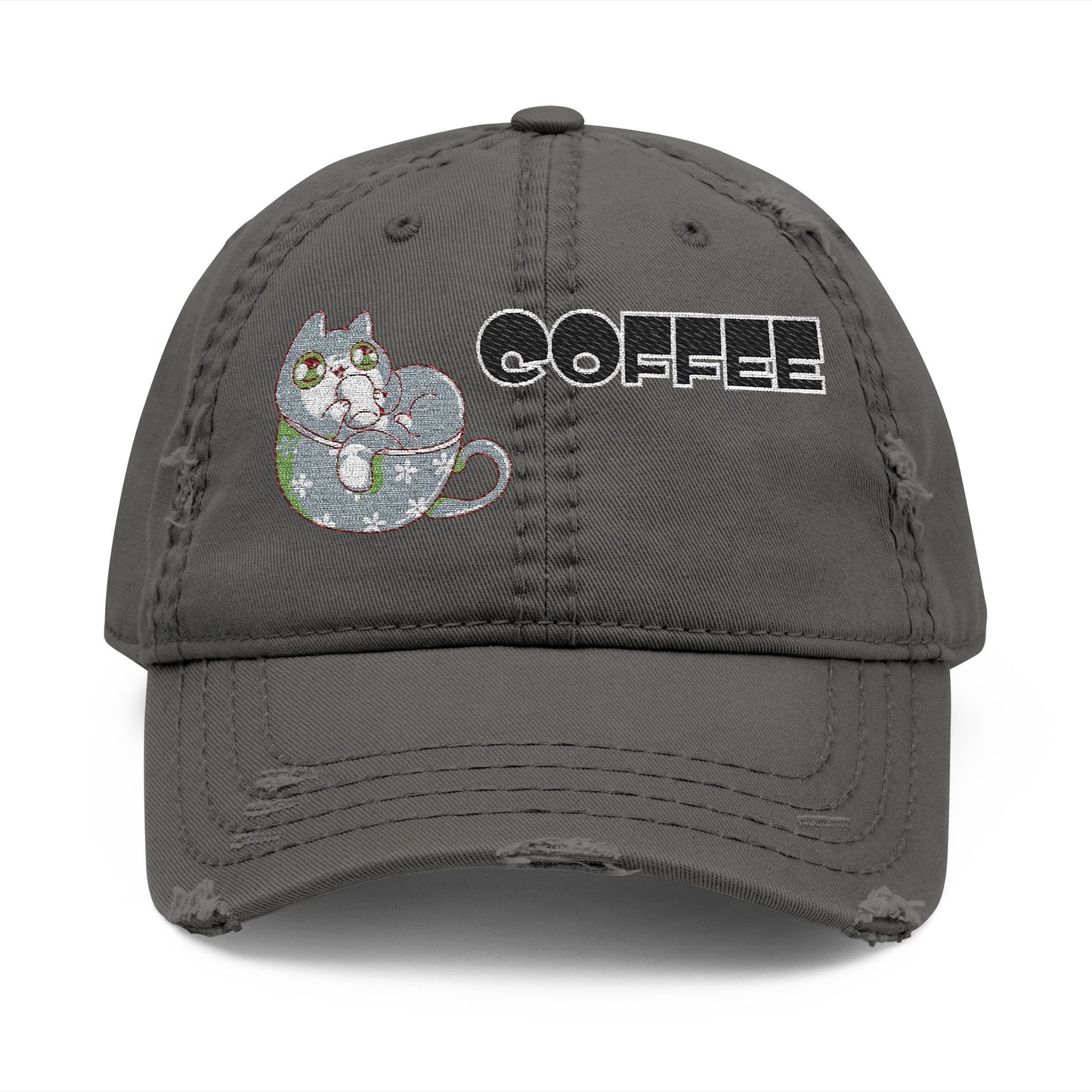 Coffee Cat Distressed Dad Hat – Casual Embroidered Style (USA Only)