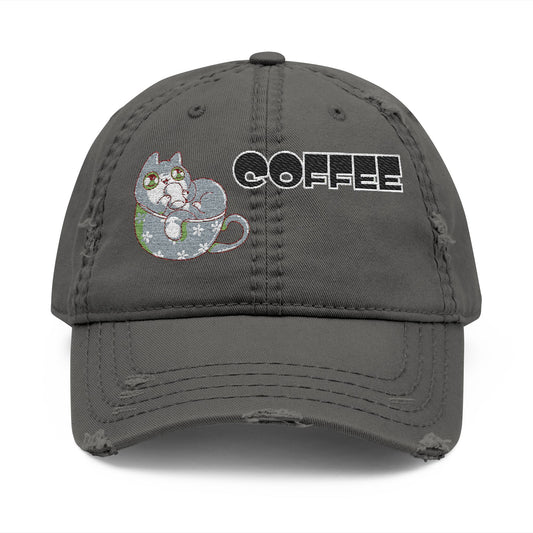Coffee Cat Distressed Dad Hat – Casual Embroidered Style (USA Only)