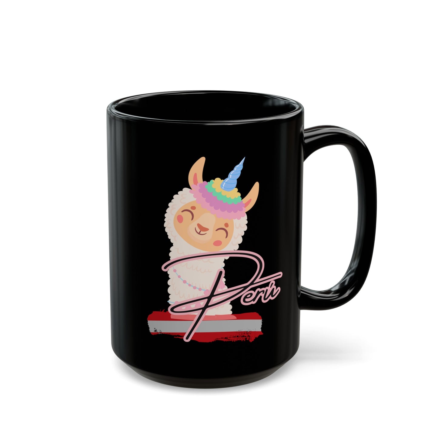 Best Peruvian Coffee Black Mug (11oz, 15oz) "Llama Rainbow"