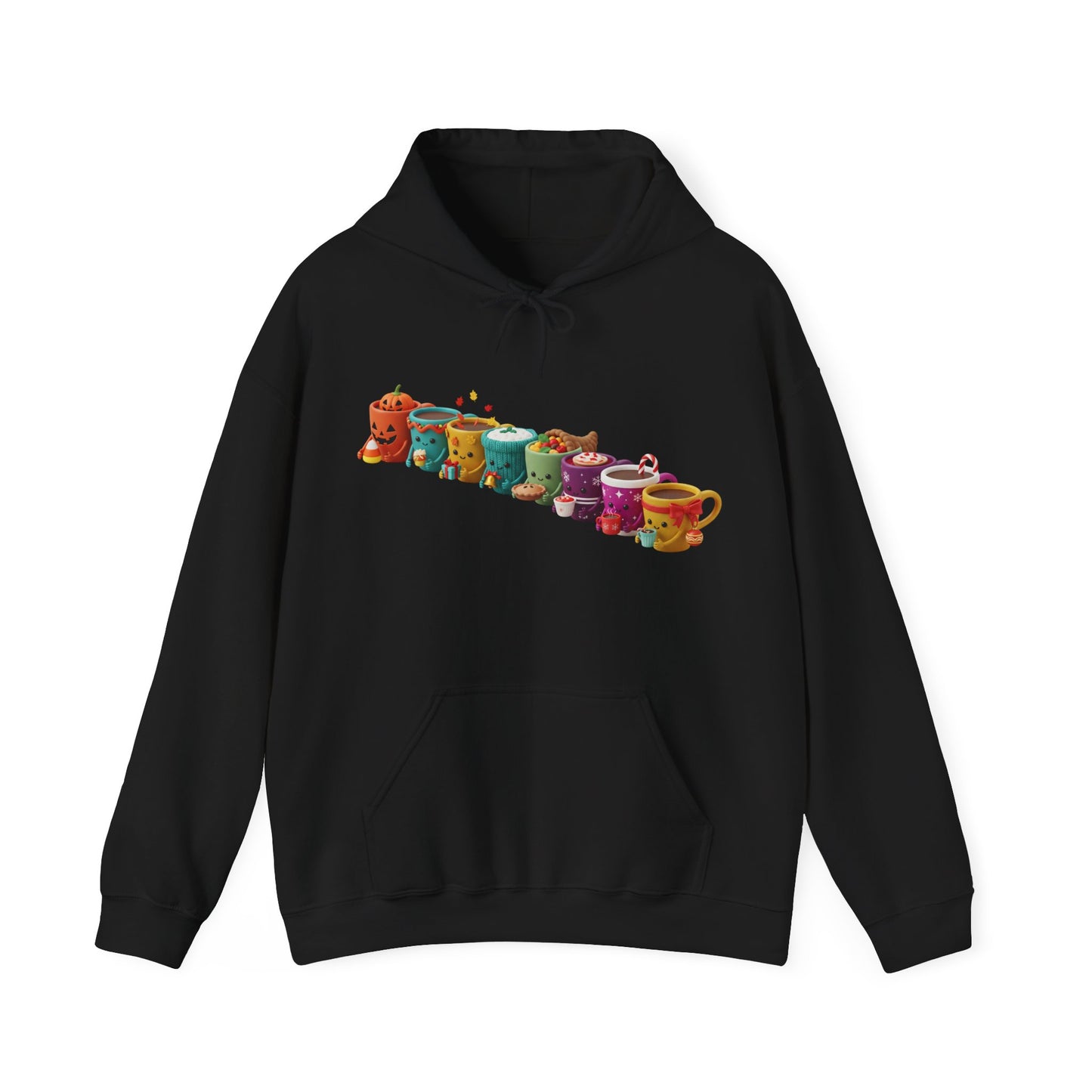 Festive Coffee Mug Lineup Hoodie USA ☕✨ – Unisex Holiday & Seasonal Hoodie