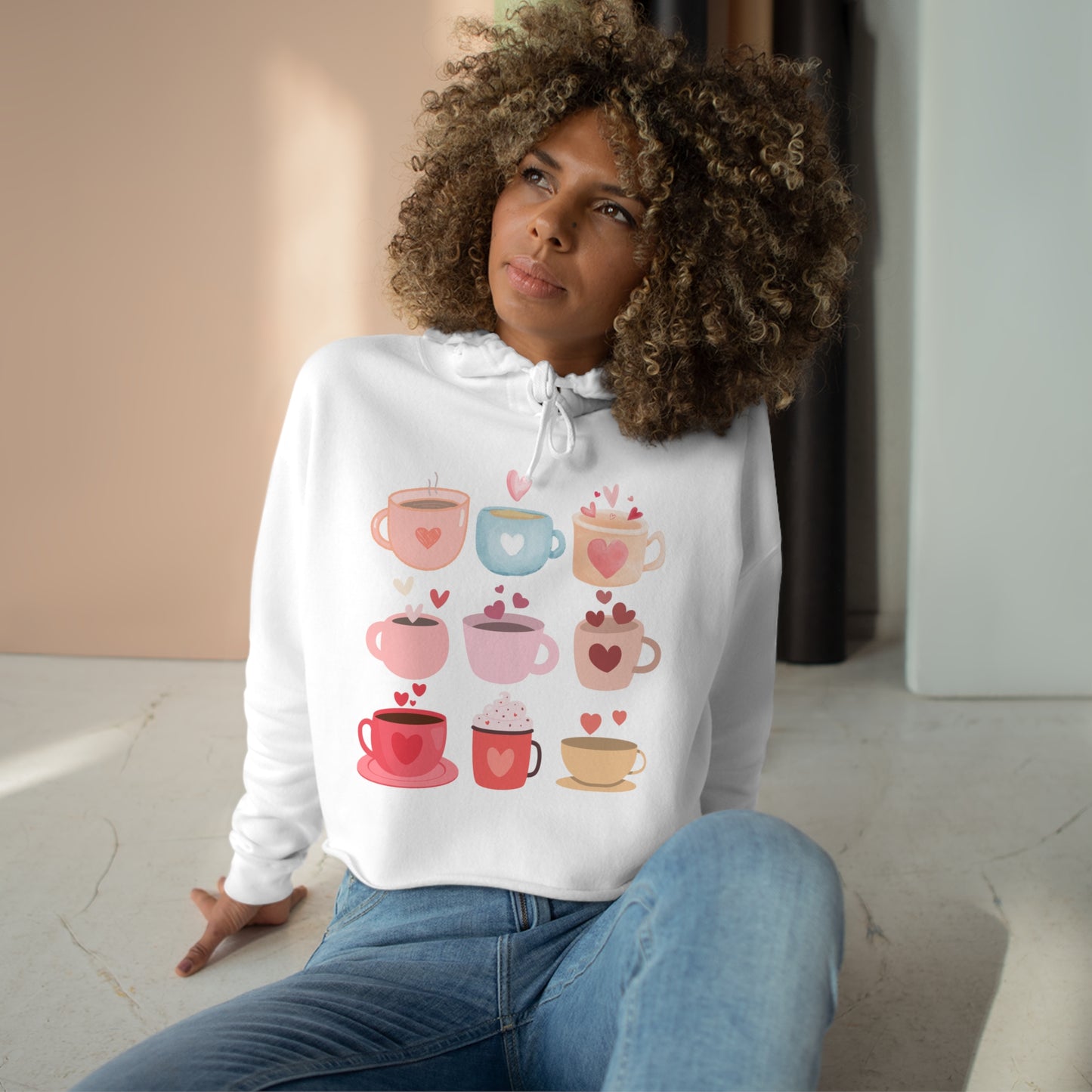 Best Coffee Cropped Hoodie "Coffee Mugs Hearts"