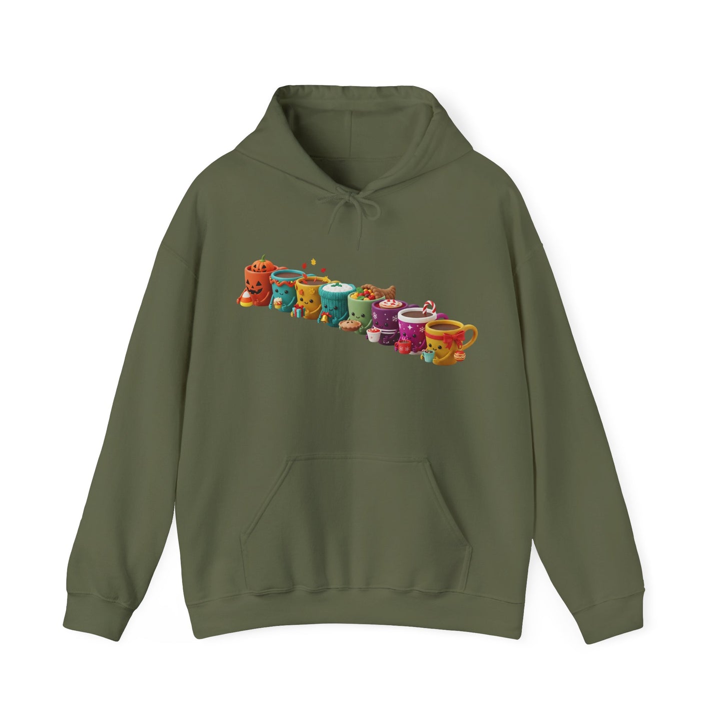 Festive Coffee Mug Lineup Hoodie USA ☕✨ – Unisex Holiday & Seasonal Hoodie