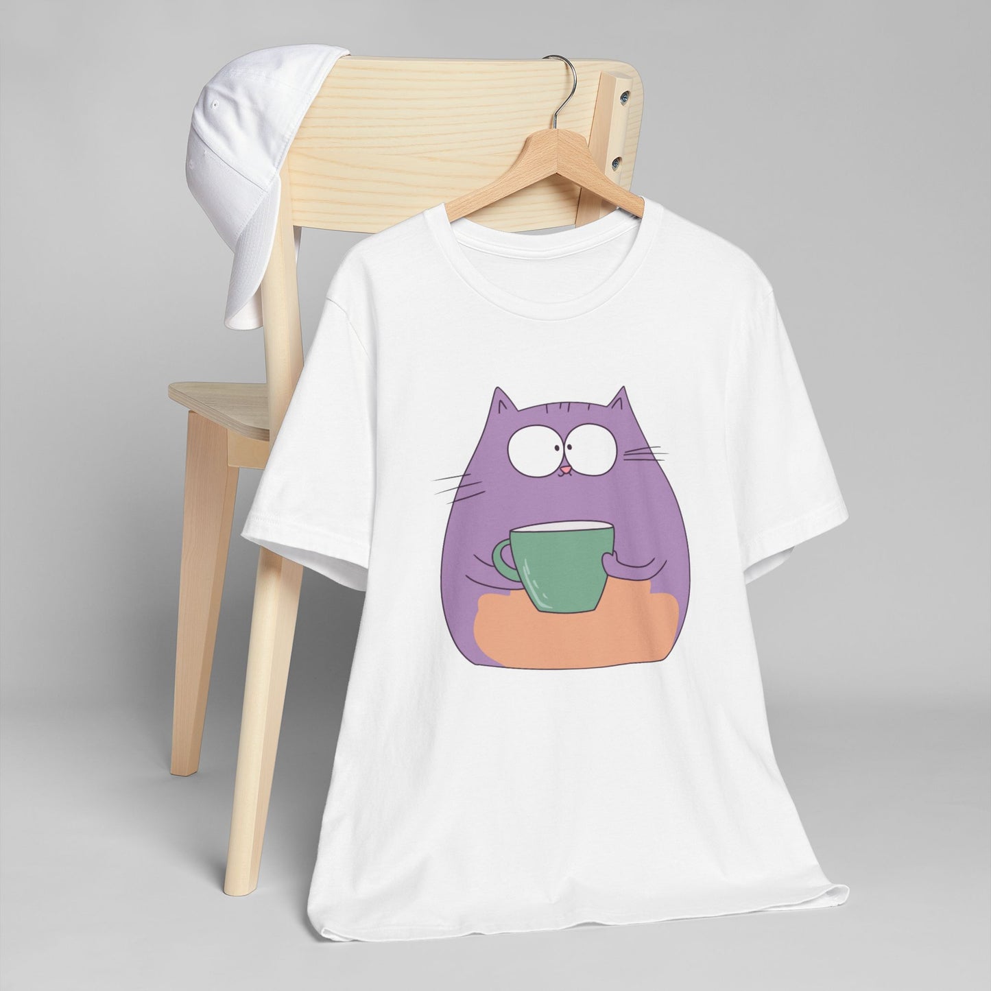 Purple Coffee Cat T-Shirt – Funny Cartoon Kitty with Coffee Mug Graphic Tee for Coffee Lovers (USA Only)