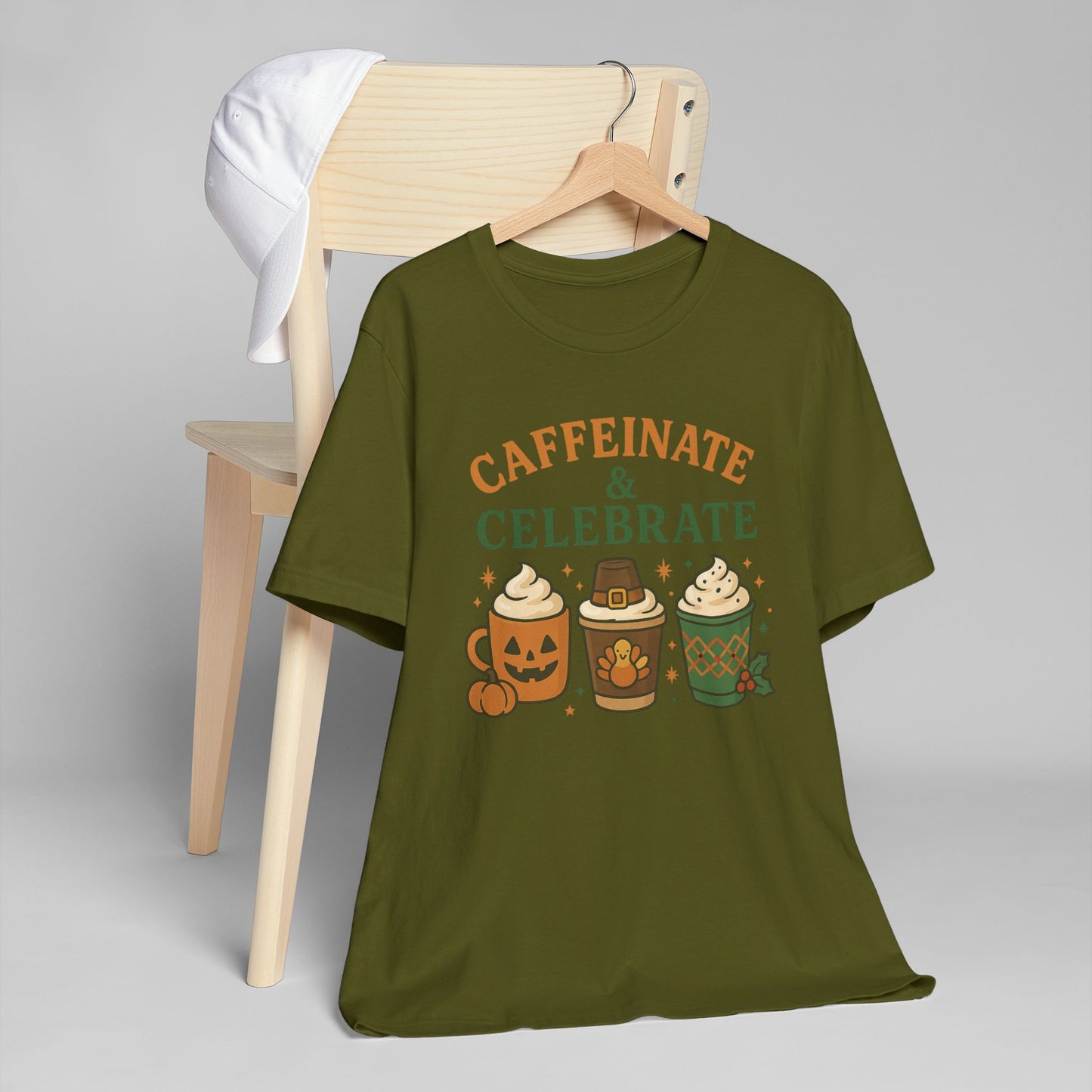 🎃🦃🎄 Caffeinate & Celebrate Unisex T-Shirt USA | Holiday Coffee Tee