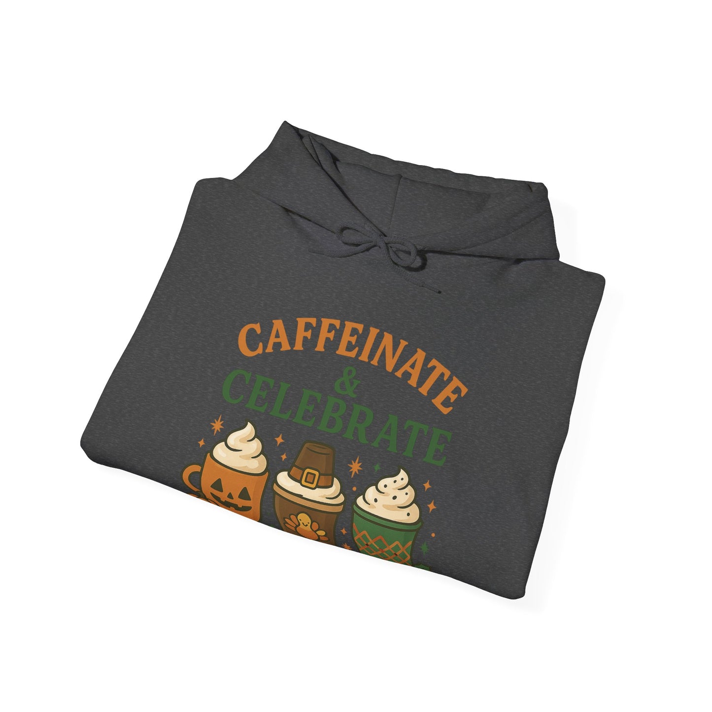 Caffeinate & Celebrate Hoodie USA 🎃🦃🎄 – Unisex Holiday Coffee Hoodie