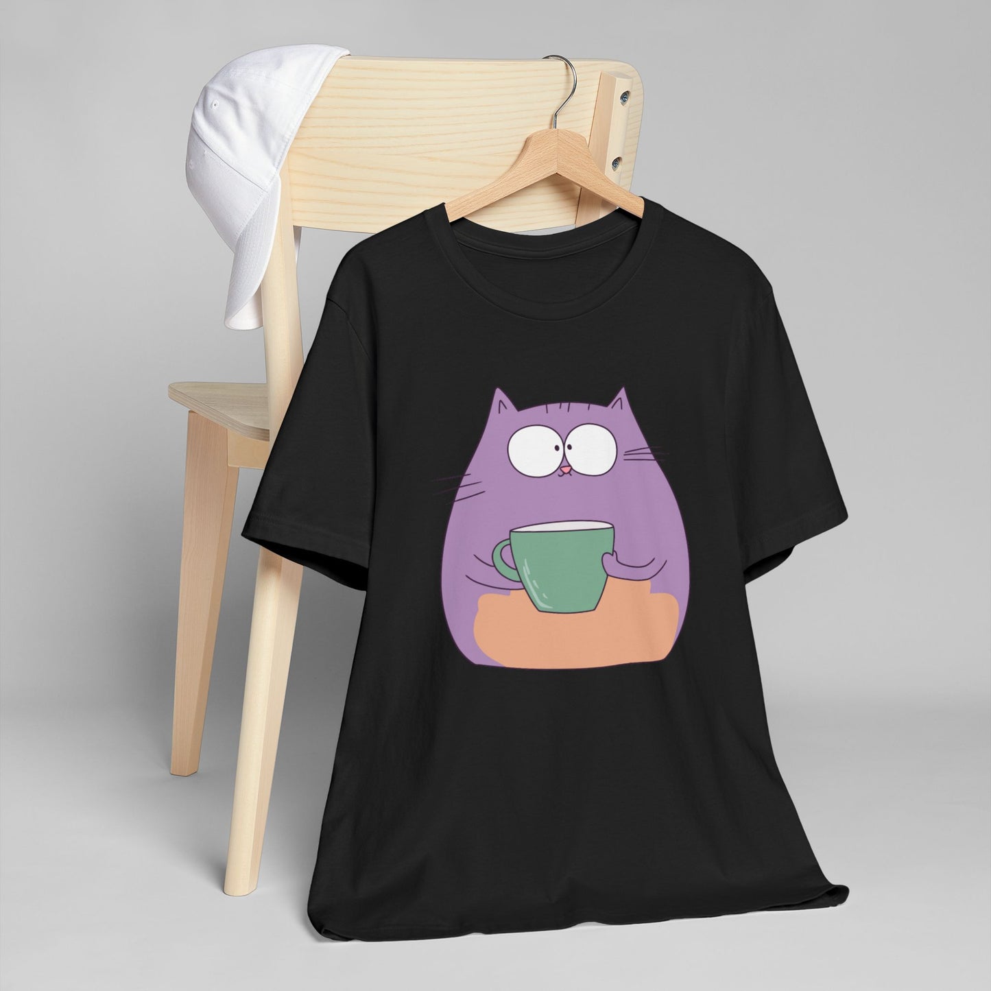 Purple Coffee Cat T-Shirt – Funny Cartoon Kitty with Coffee Mug Graphic Tee for Coffee Lovers (USA Only)