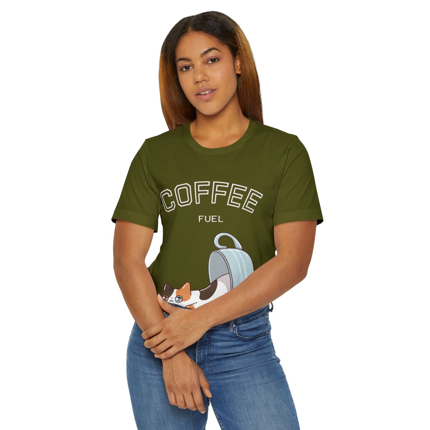 Coffee Fuel Cat T-Shirt – Cute Coffee Cup Kitty Graphic Tee for Coffee Lovers (USA Only)