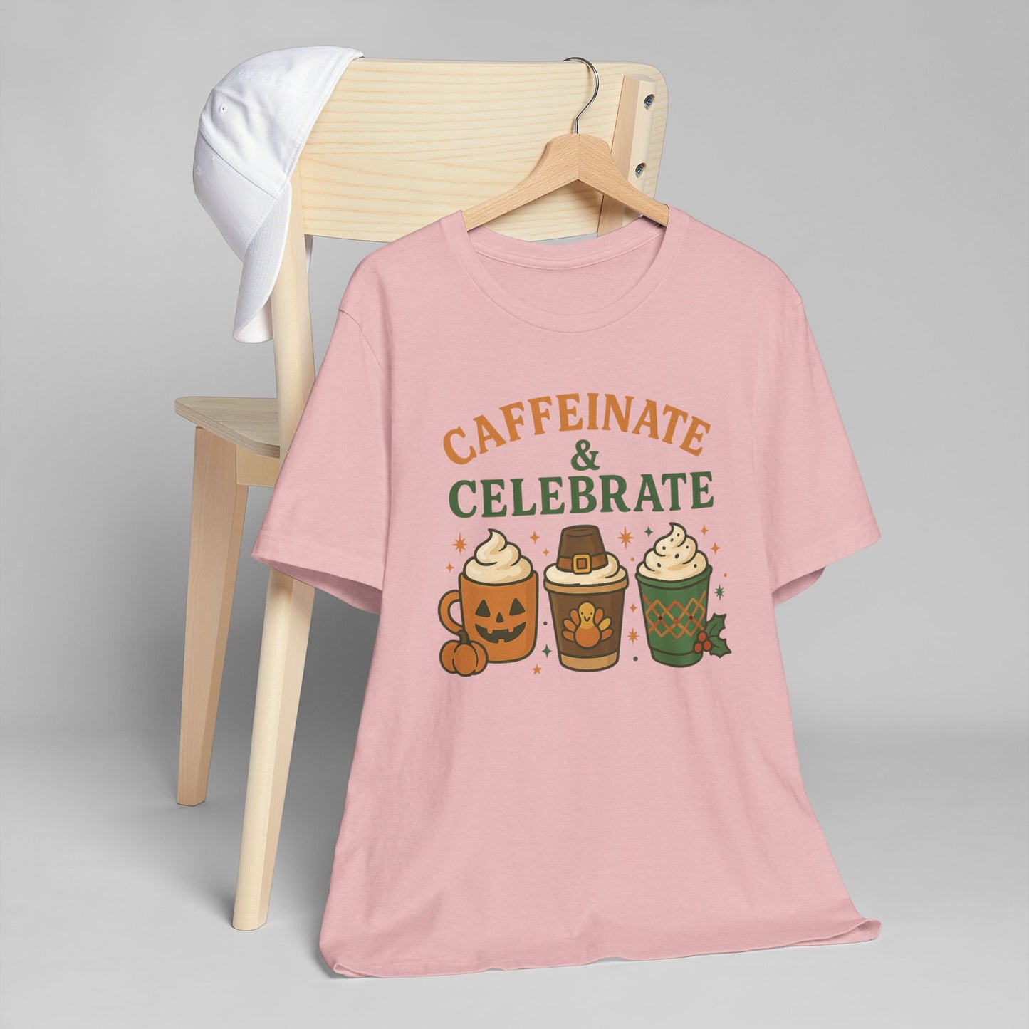 🎃🦃🎄 Caffeinate & Celebrate Unisex T-Shirt USA | Holiday Coffee Tee