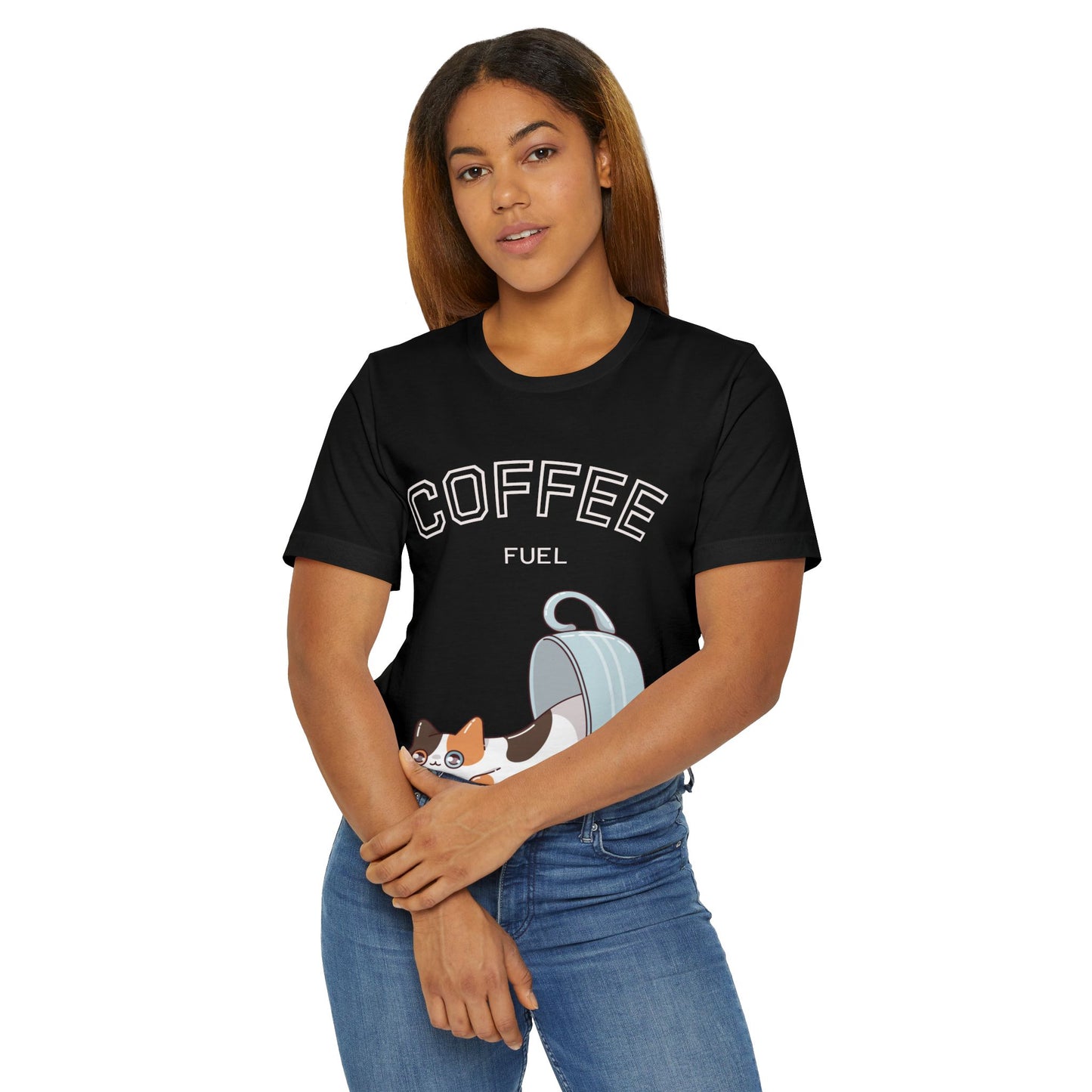 Coffee Fuel Cat T-Shirt – Cute Coffee Cup Kitty Graphic Tee for Coffee Lovers (USA Only)