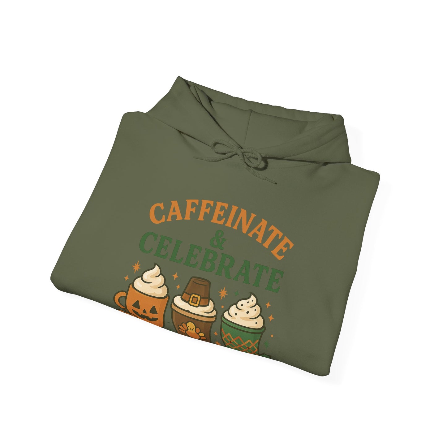 Caffeinate & Celebrate Hoodie USA 🎃🦃🎄 – Unisex Holiday Coffee Hoodie