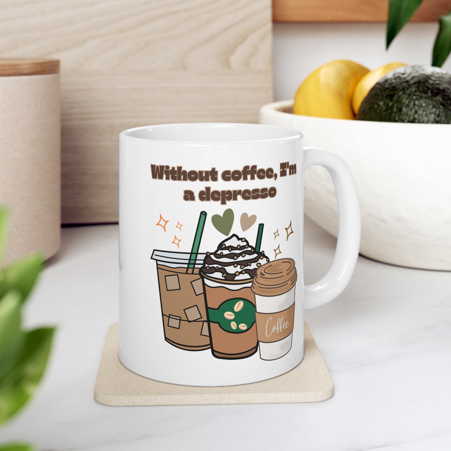 Best Ceramic Coffee Mug, (11oz, 15oz) "Without coffee, I'm a Depresso"