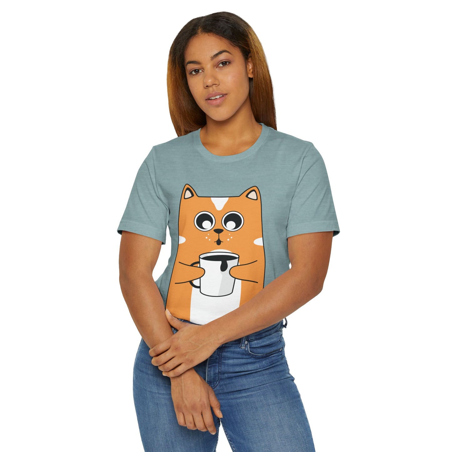 Coffee Cat T-Shirt – Cute Cartoon Cat with Coffee Cup Graphic Tee for Coffee Lovers (USA Only)