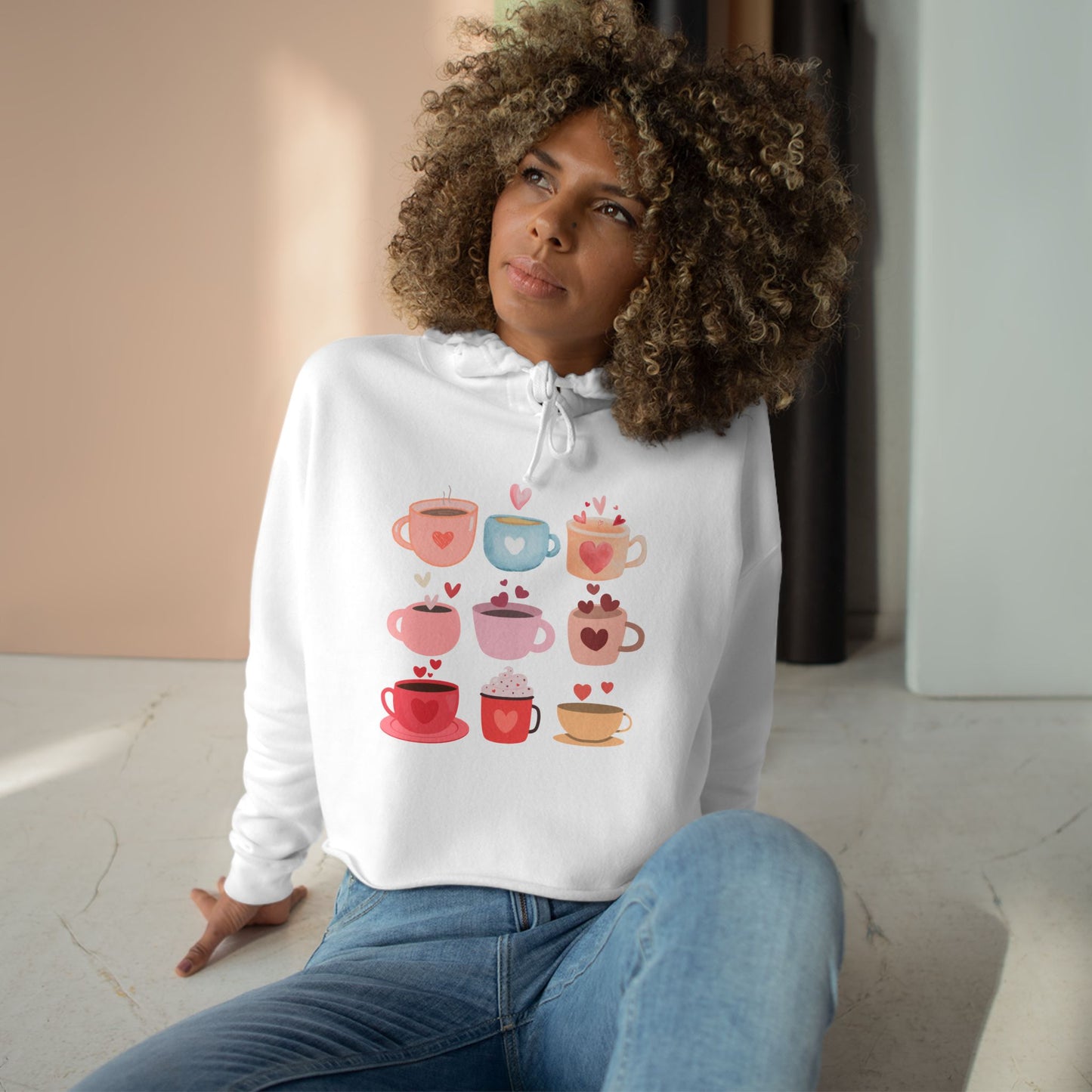 Best Coffee Cropped Hoodie "Coffee Mugs Hearts"