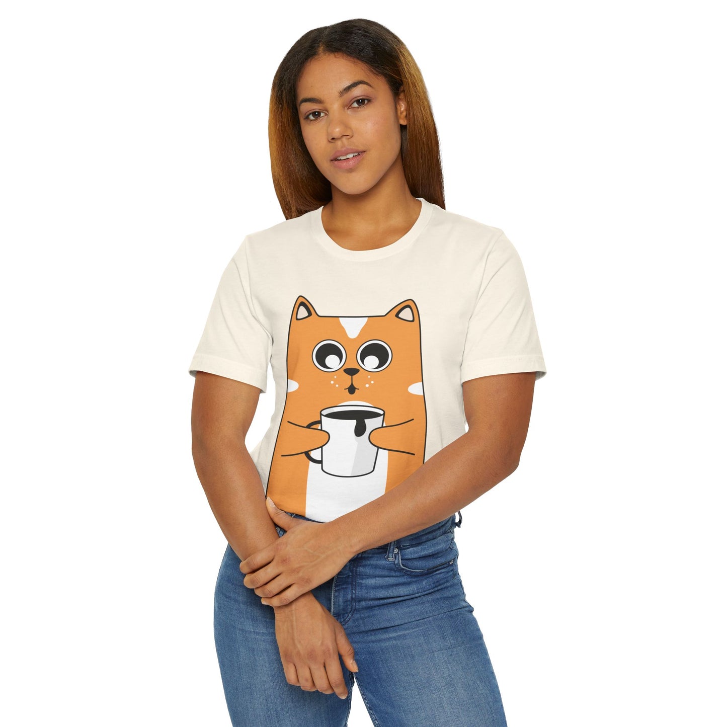 Coffee Cat T-Shirt – Cute Cartoon Cat with Coffee Cup Graphic Tee for Coffee Lovers (USA Only)