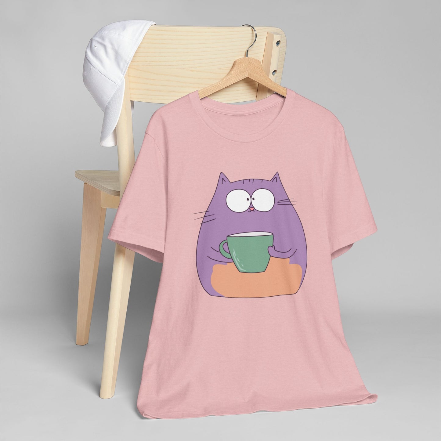 Purple Coffee Cat T-Shirt – Funny Cartoon Kitty with Coffee Mug Graphic Tee for Coffee Lovers (USA Only)