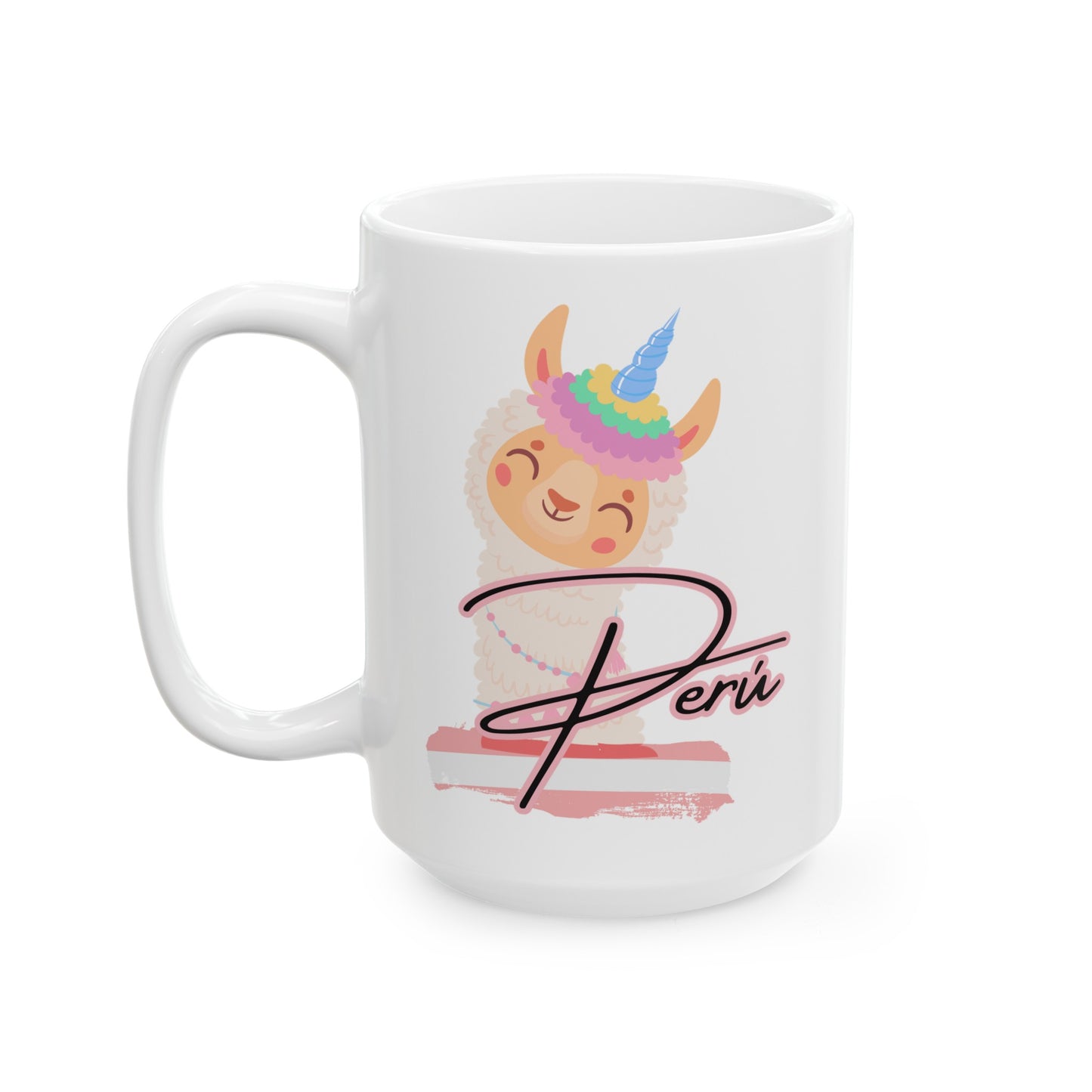 Best Peruvian Ceramic Coffee Mug, (11oz, 15oz) "Lama Rainbow"