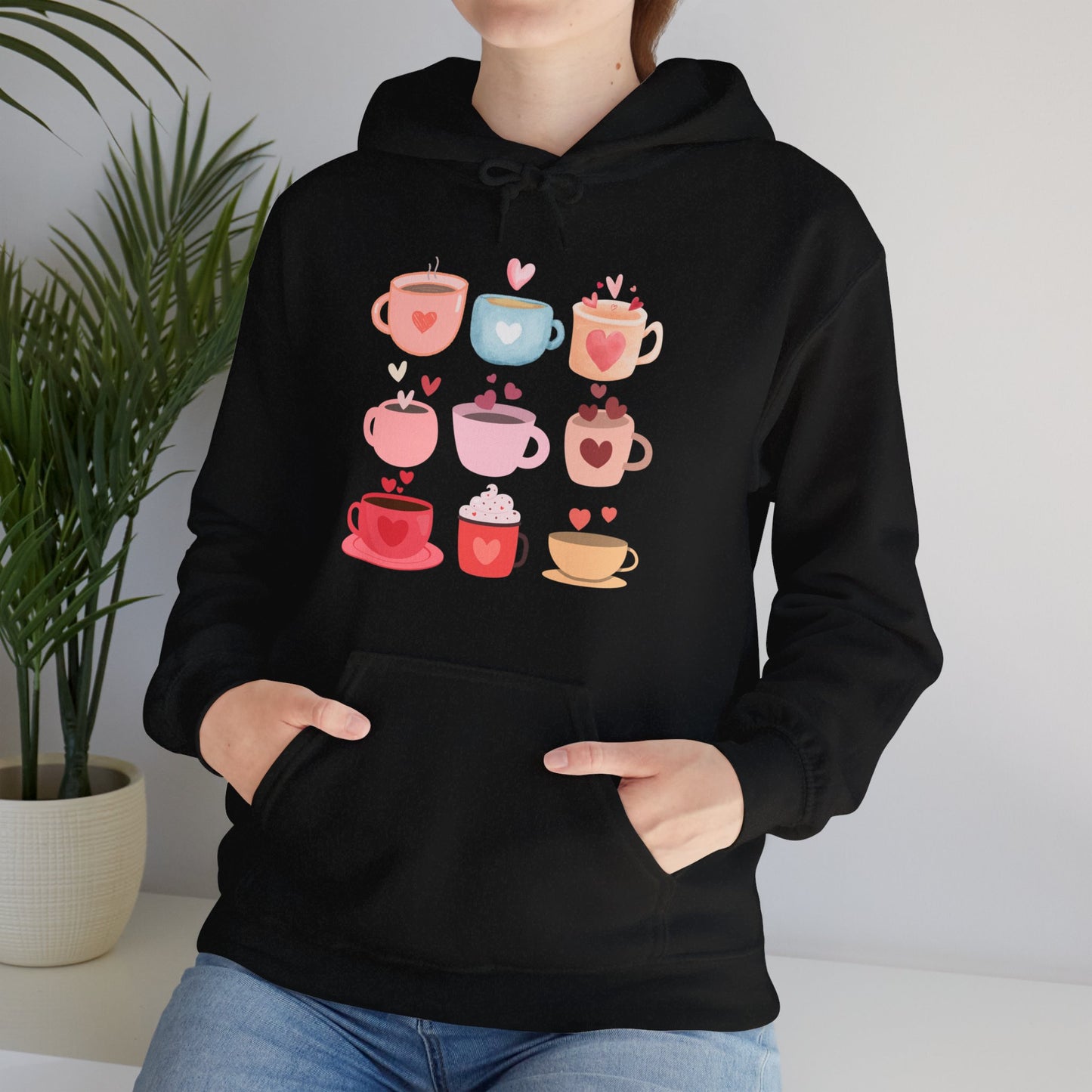 Unisex Coffee Hoodie "Coffee Mugs Hearts"