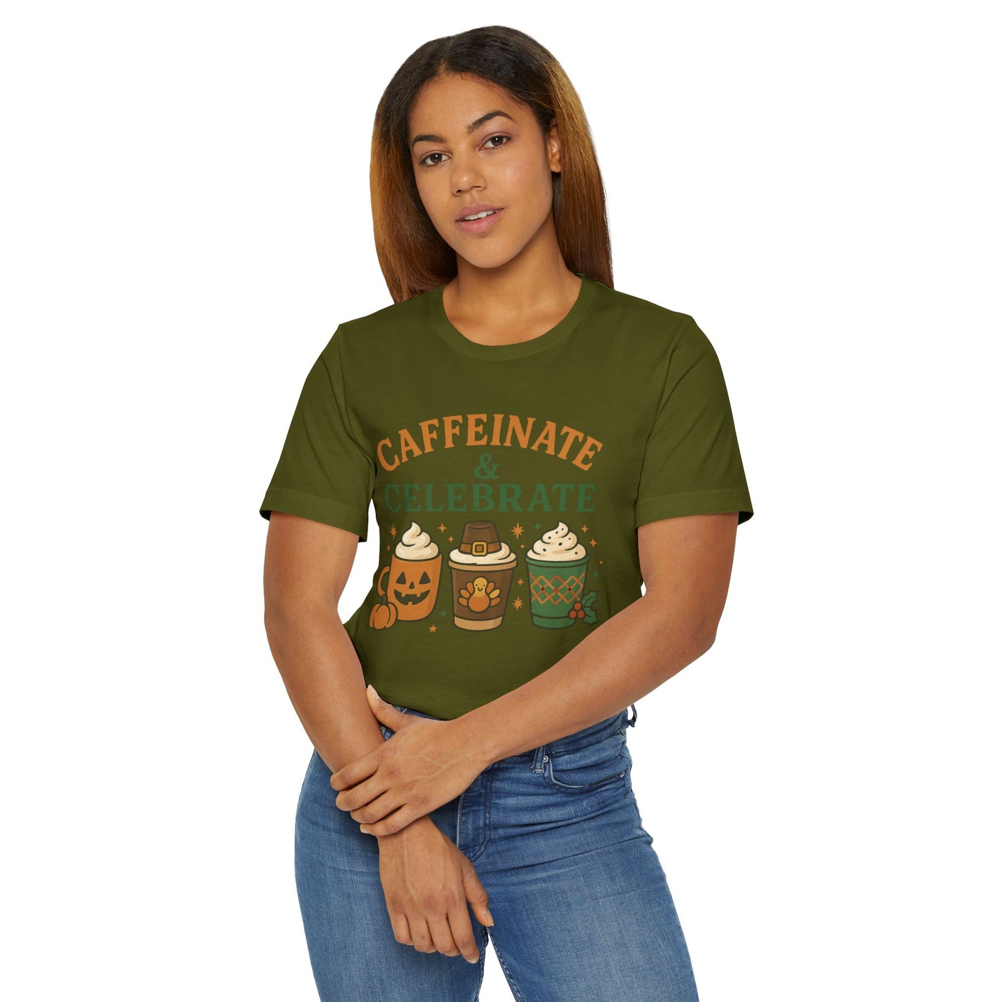 🎃🦃🎄 Caffeinate & Celebrate Unisex T-Shirt USA | Holiday Coffee Tee