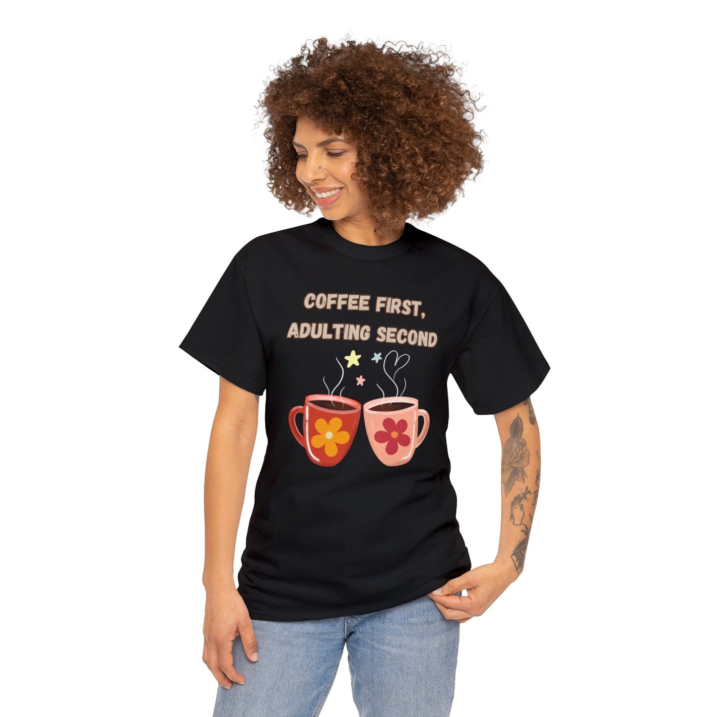 Best Unisex Coffee T-Shirt "Coffee first, adulting second"