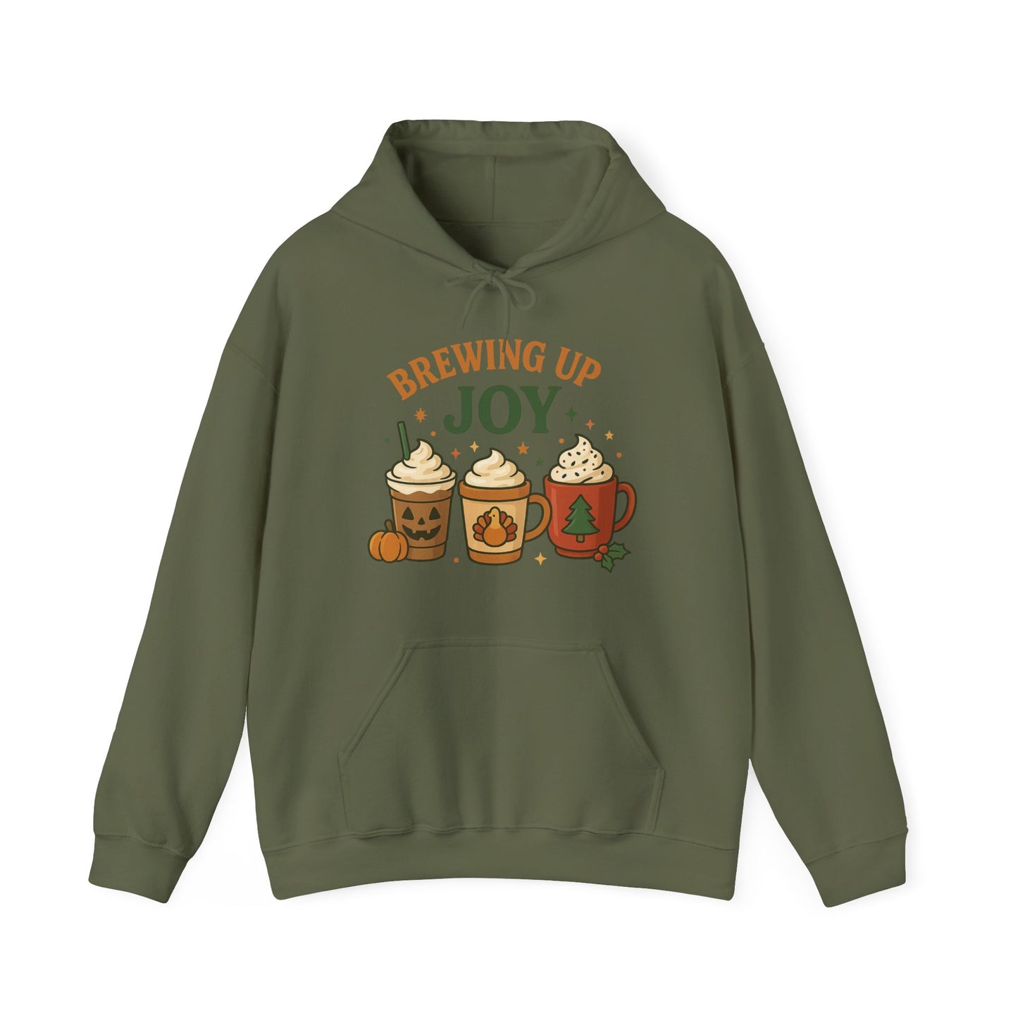 Brewing Up Joy Hoodie USA 🎃🦃🎄 – Unisex Holiday Coffee Hoodie for Every Season