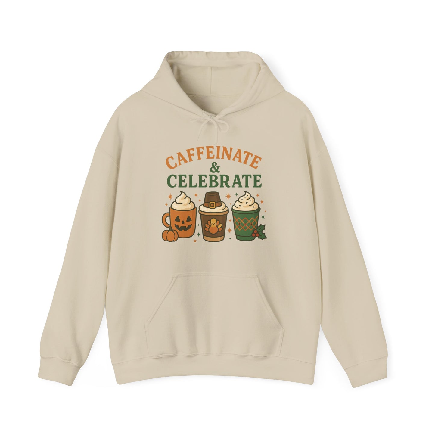 Caffeinate & Celebrate Hoodie USA 🎃🦃🎄 – Unisex Holiday Coffee Hoodie