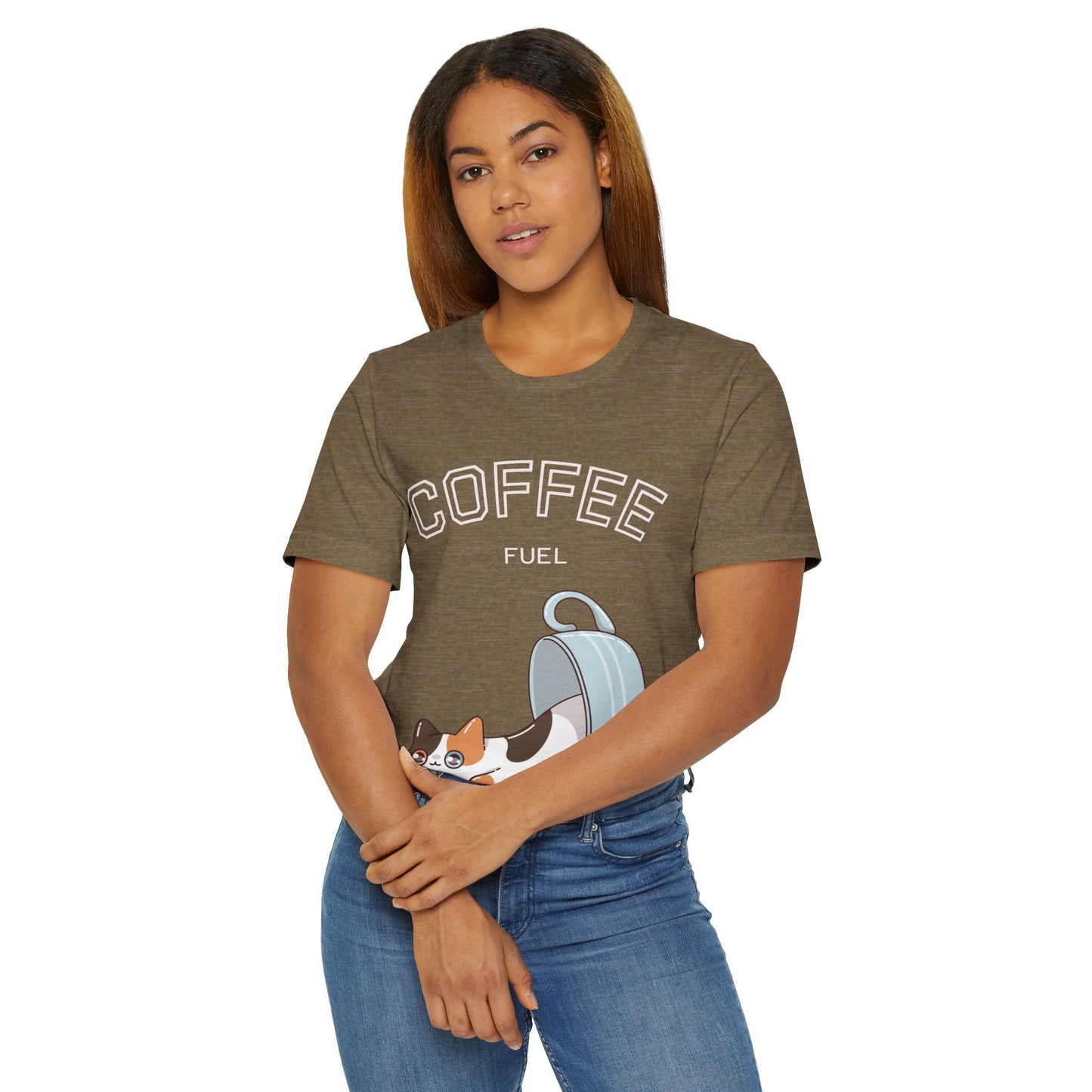 Coffee Fuel Cat T-Shirt – Cute Coffee Cup Kitty Graphic Tee for Coffee Lovers (USA Only)