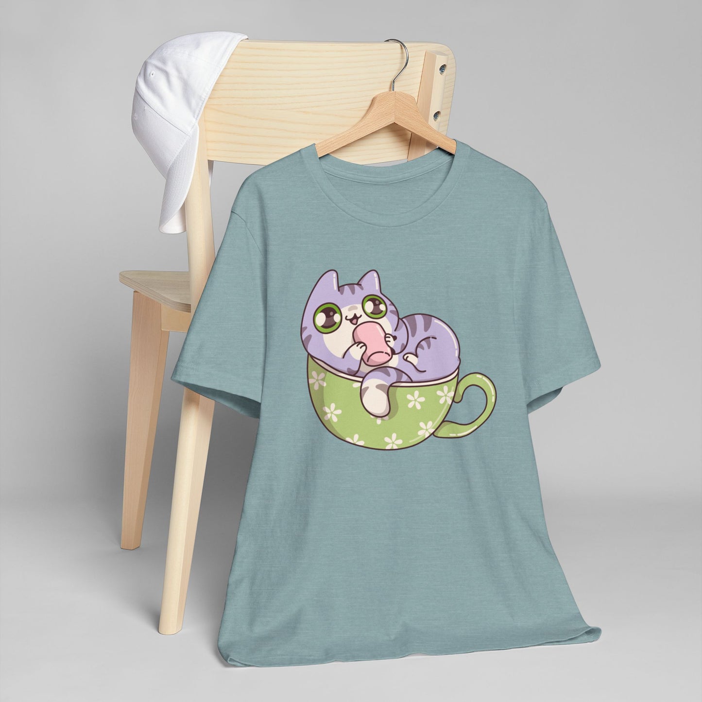 Cat in a Teacup T-Shirt – Cute Cartoon Kitty Coffee Cup Graphic Tee for Cat & Coffee Lovers (USA Only)